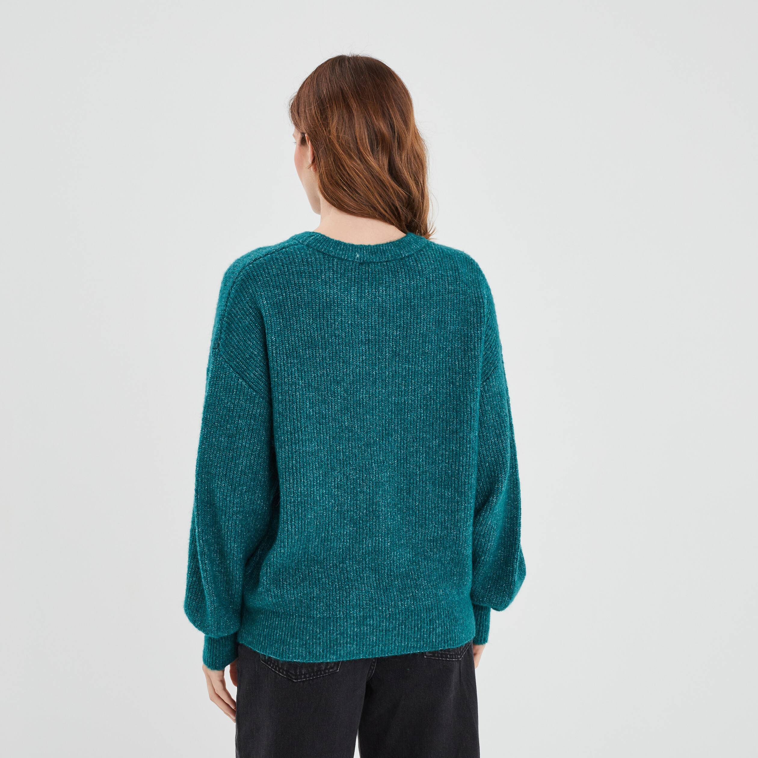 Pull col rond manches ballons bleu canard femme