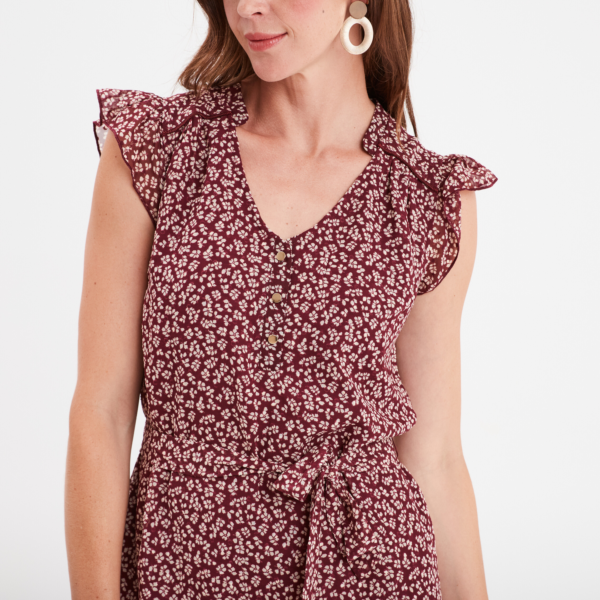 robe col v plumetis droite ceinturee bordeaux femme Robe col V plumetis droite ceinturée bordeaux femme