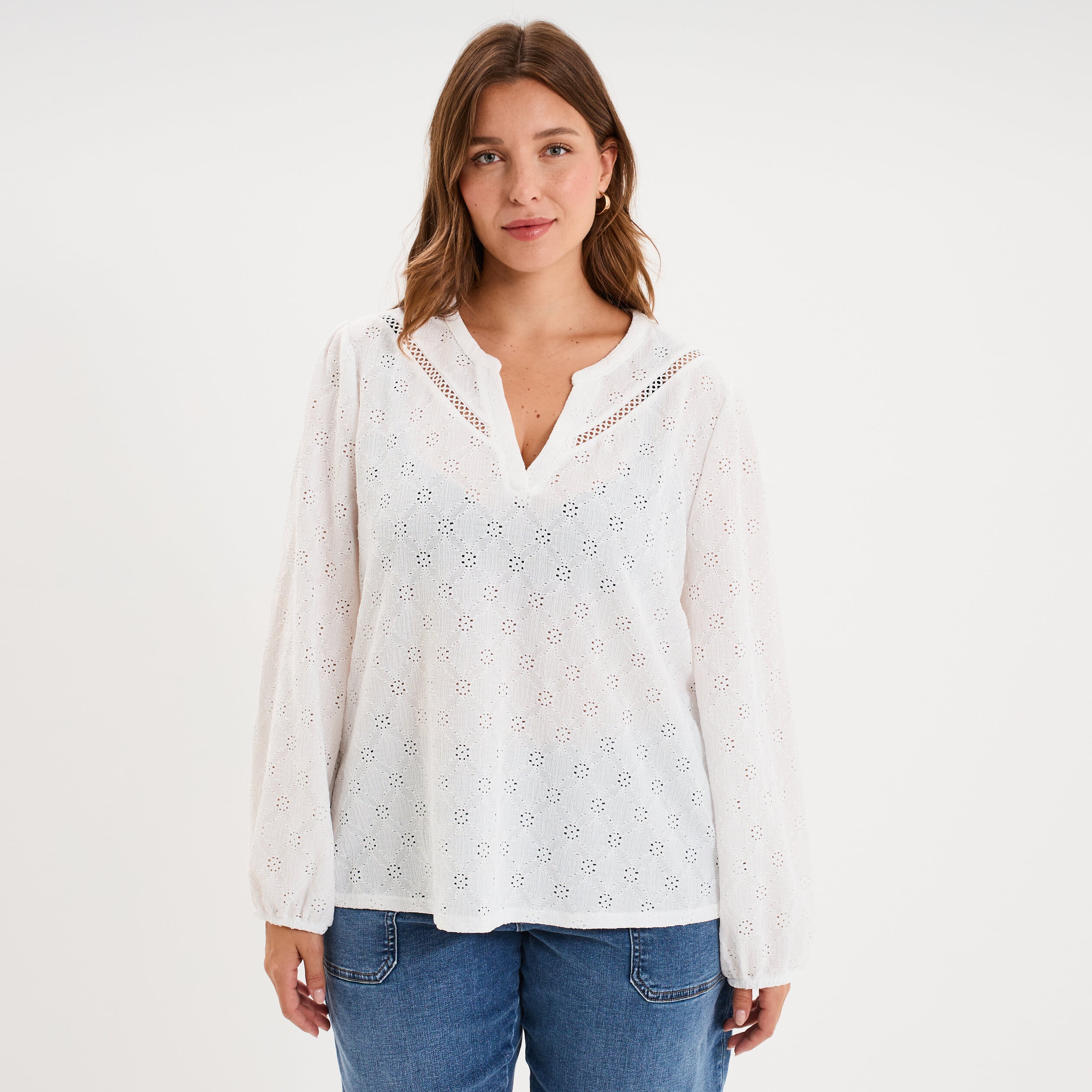 Blouse ajour&eacute;e manches 3/4 col tunisien blanc femme grande taille