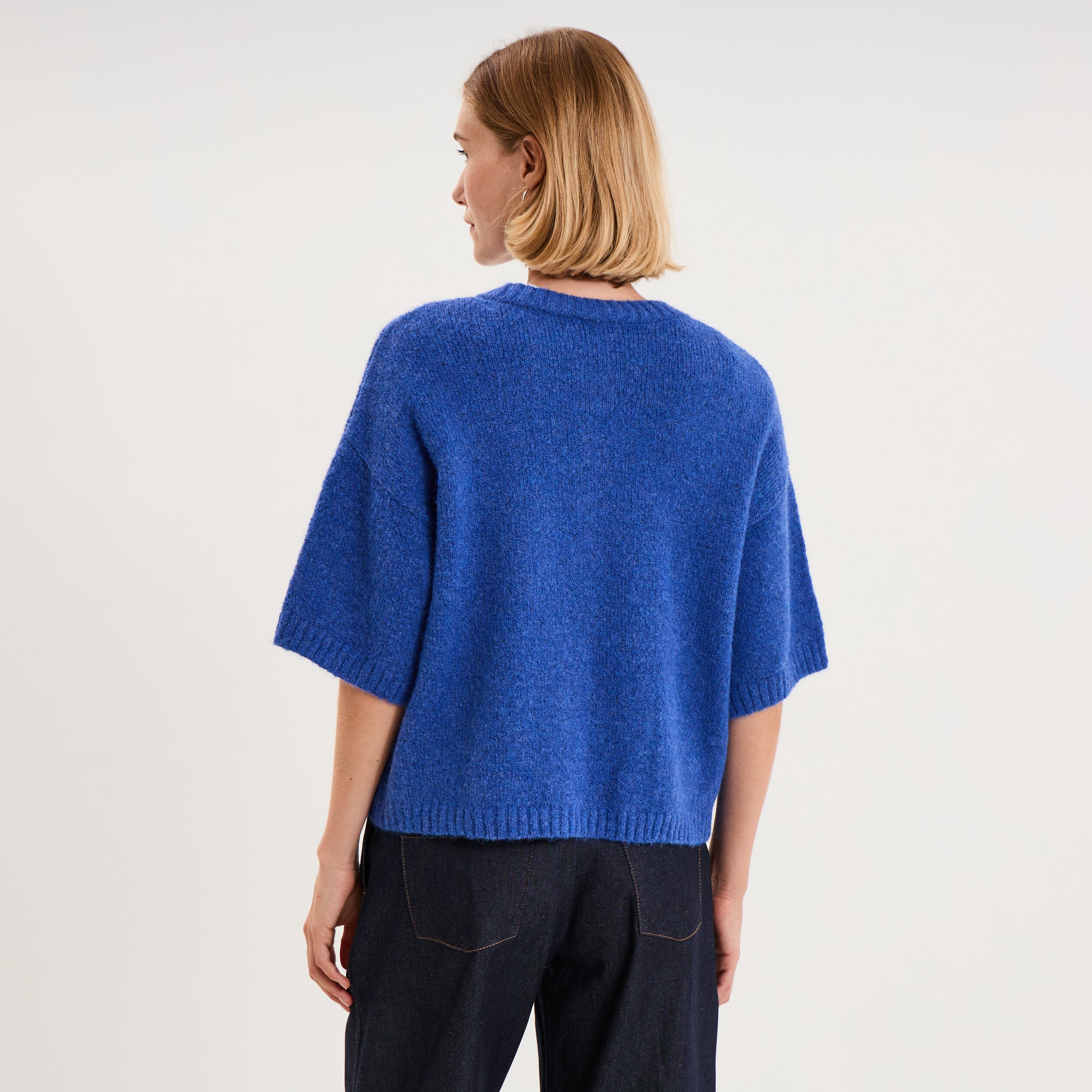 Gilet boutonn&eacute; manches courtes col rond bleu roi femme