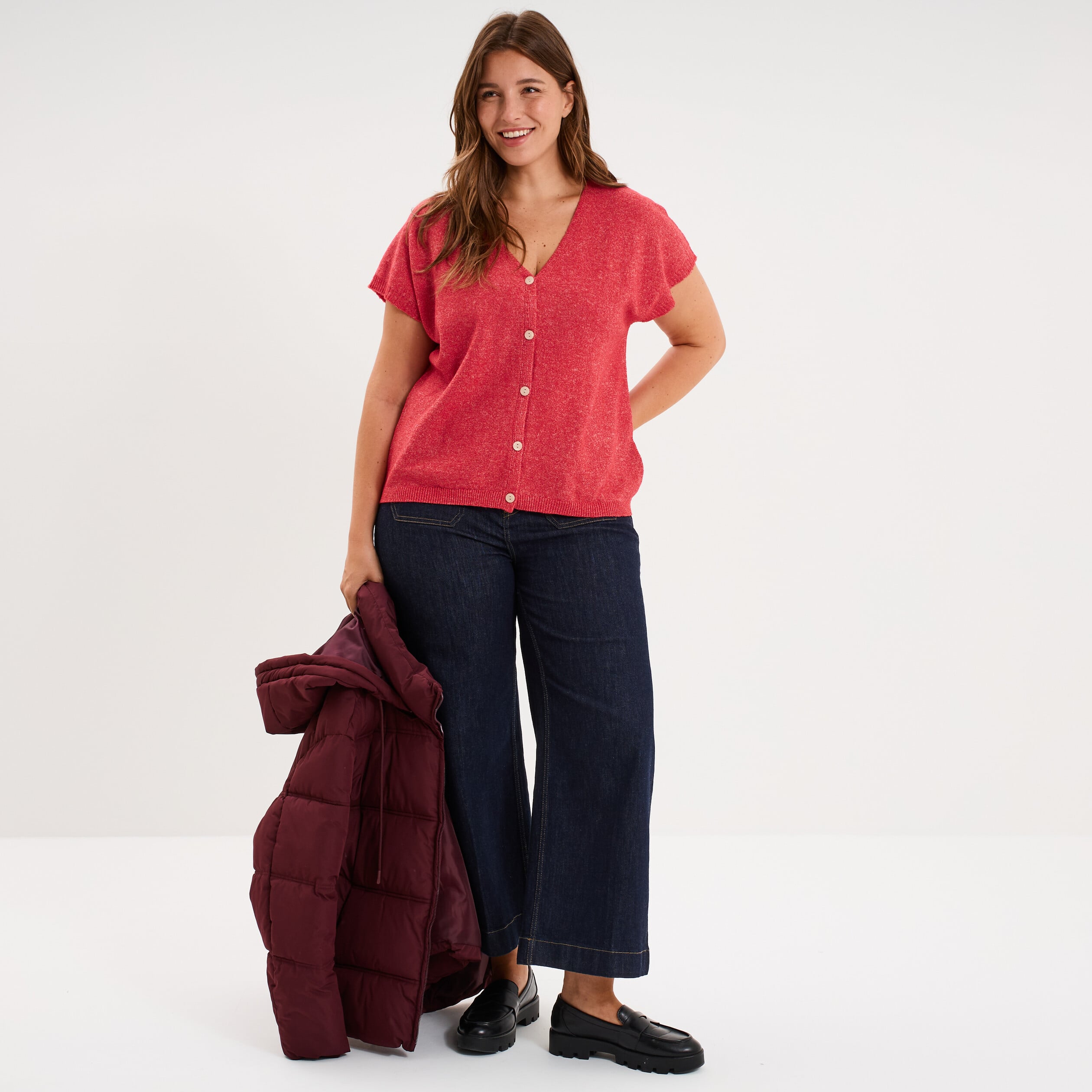 Gilet manches courtes col en V rose cerise femme grande taille