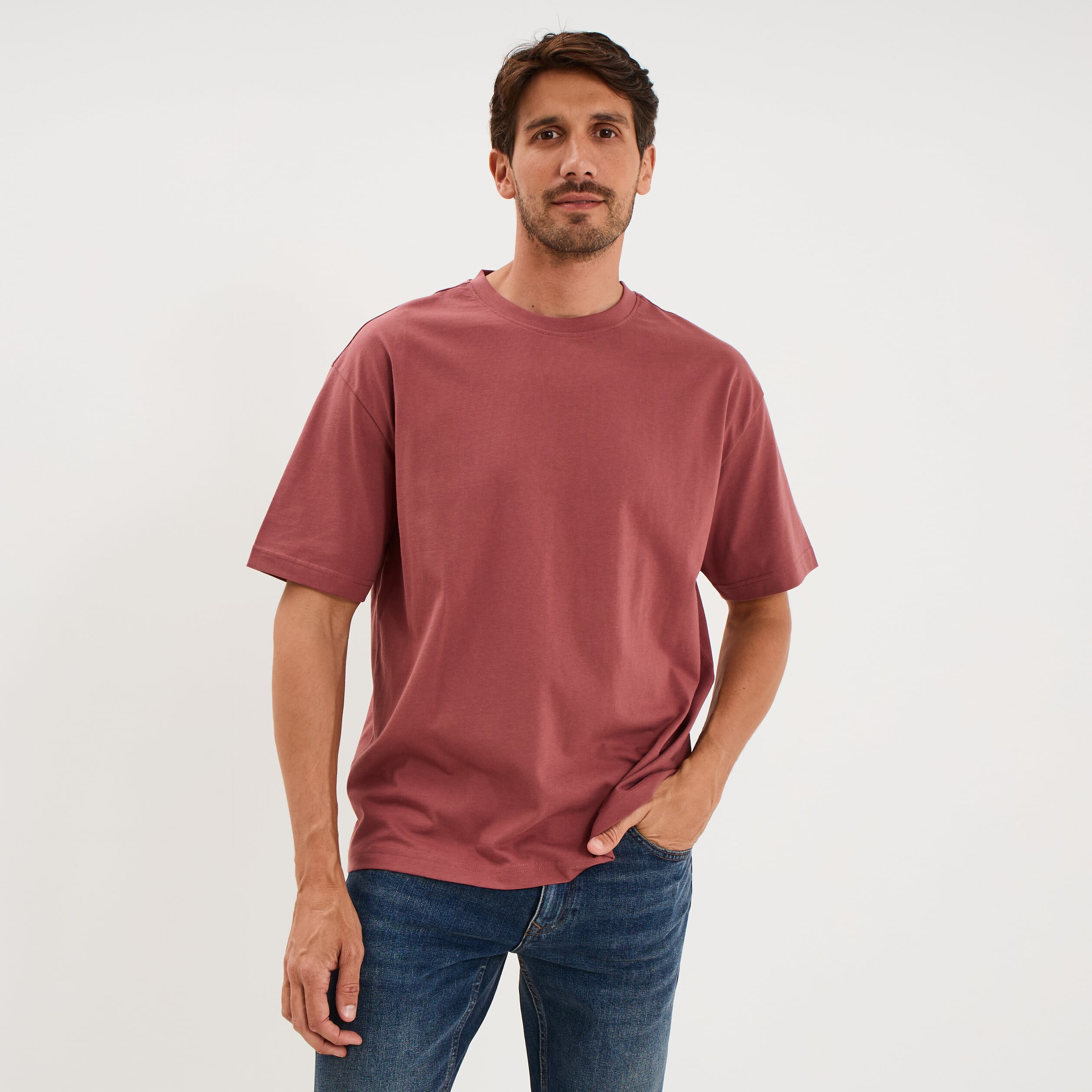 T-shirt col rond coupe relax coton &eacute;pais vieux rose homme