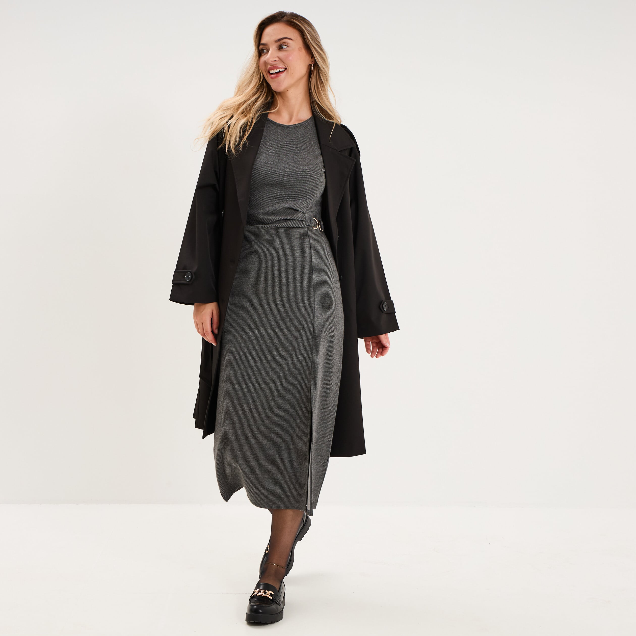 Robe moulante longue d&eacute;tail boucle gris fonc&eacute; femme
