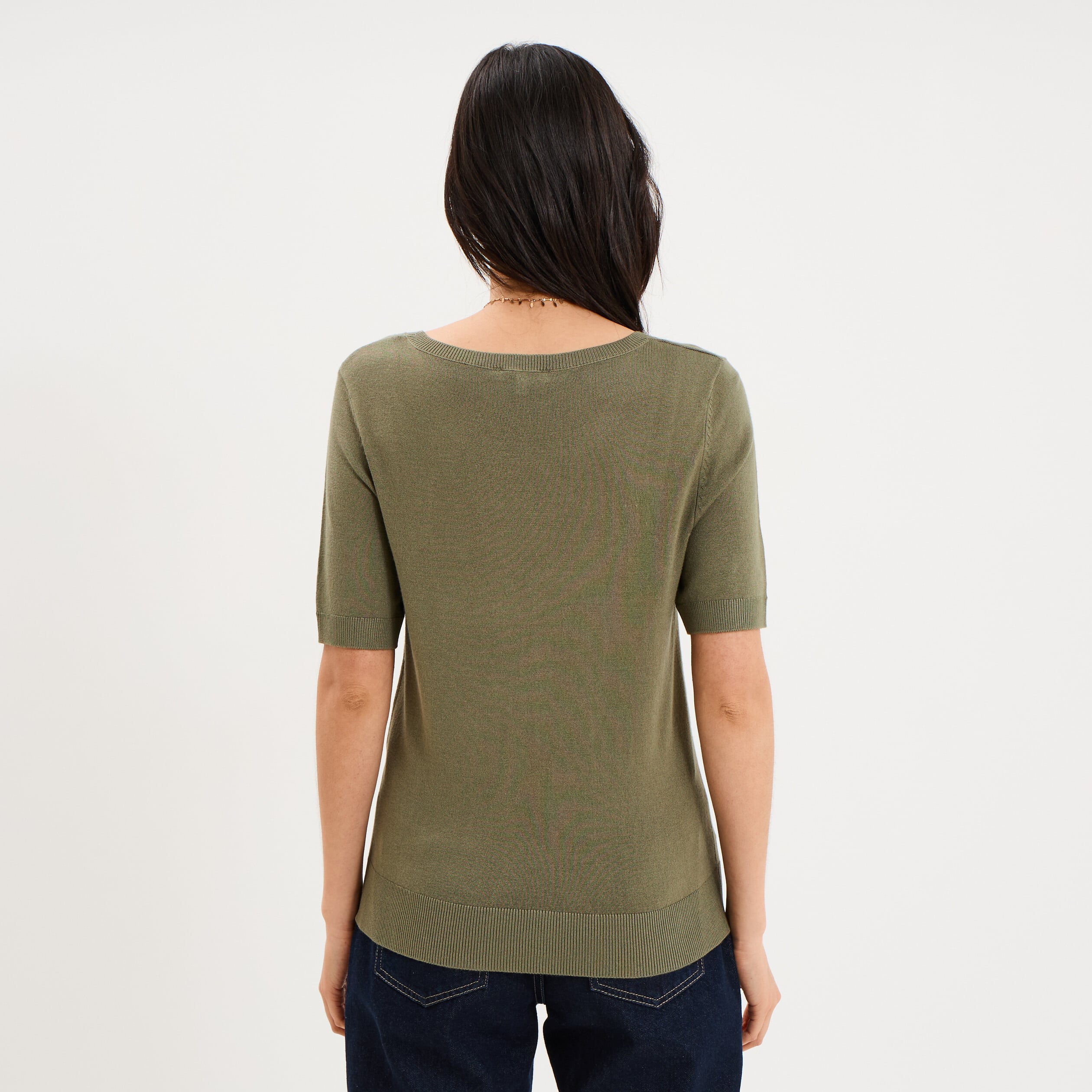 Pull manches courtes col rond vert kaki femme