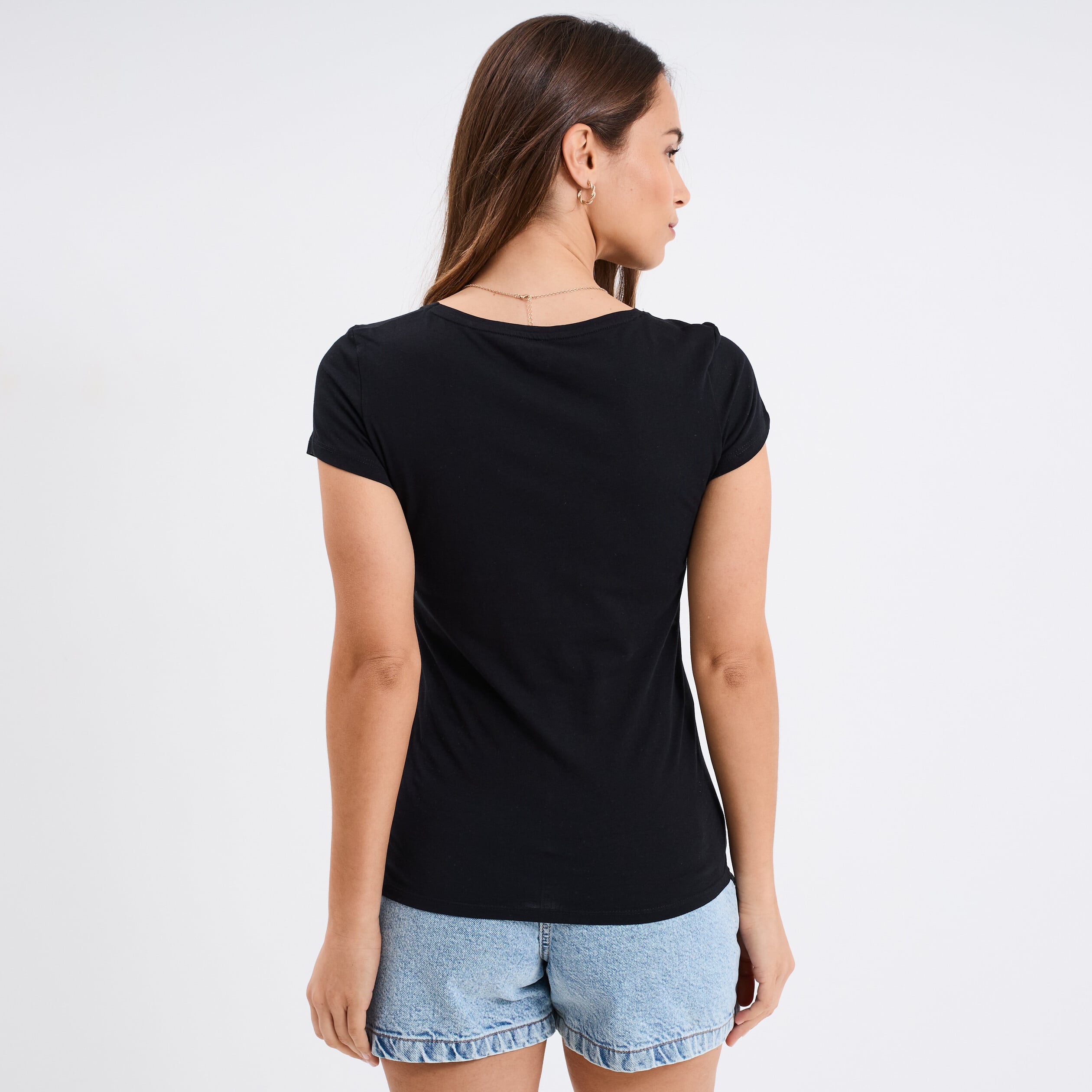T-shirt coton col rond manches courtes noir femme