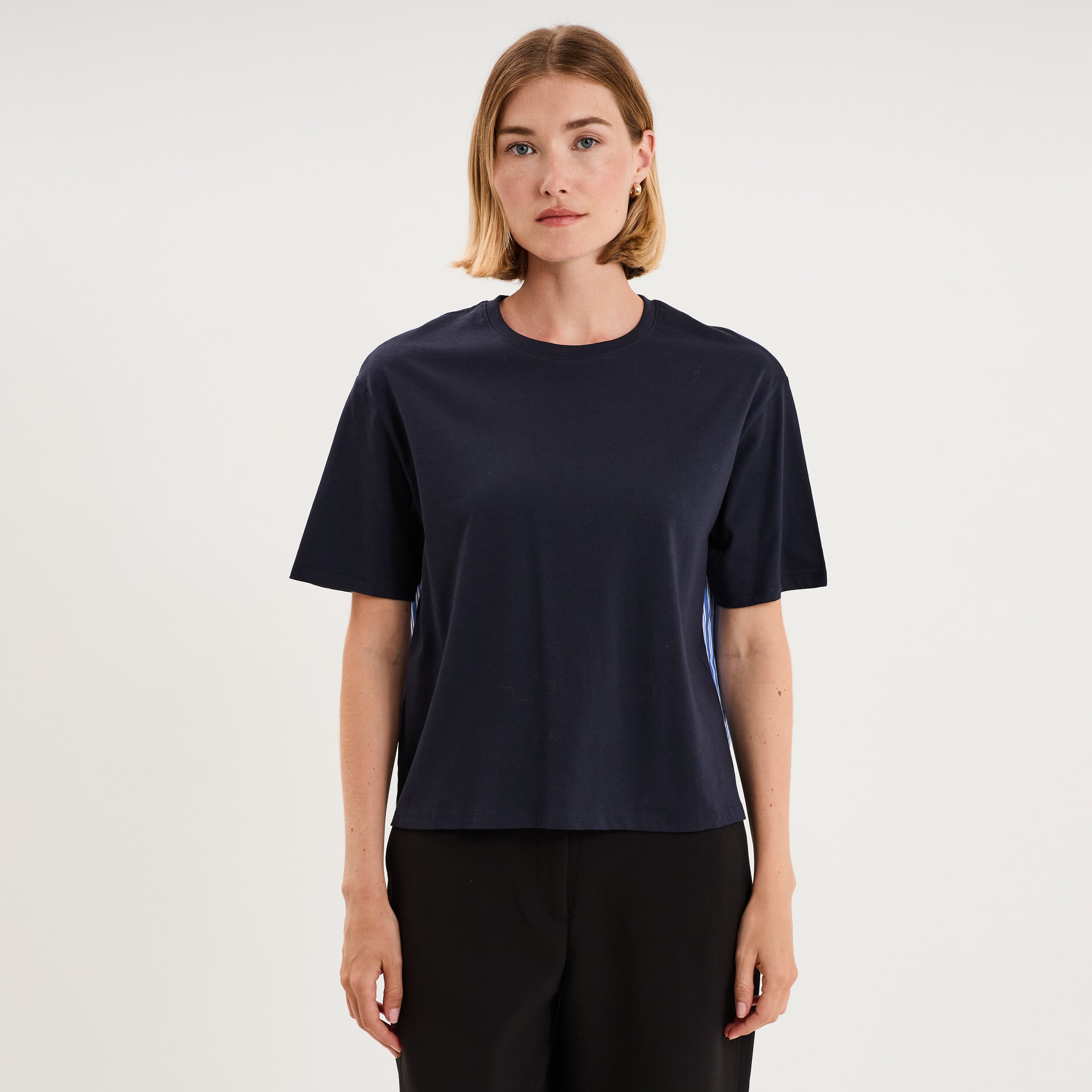 T-shirt bi-mati&egrave;re manches courtes bleu fonc&eacute; femme