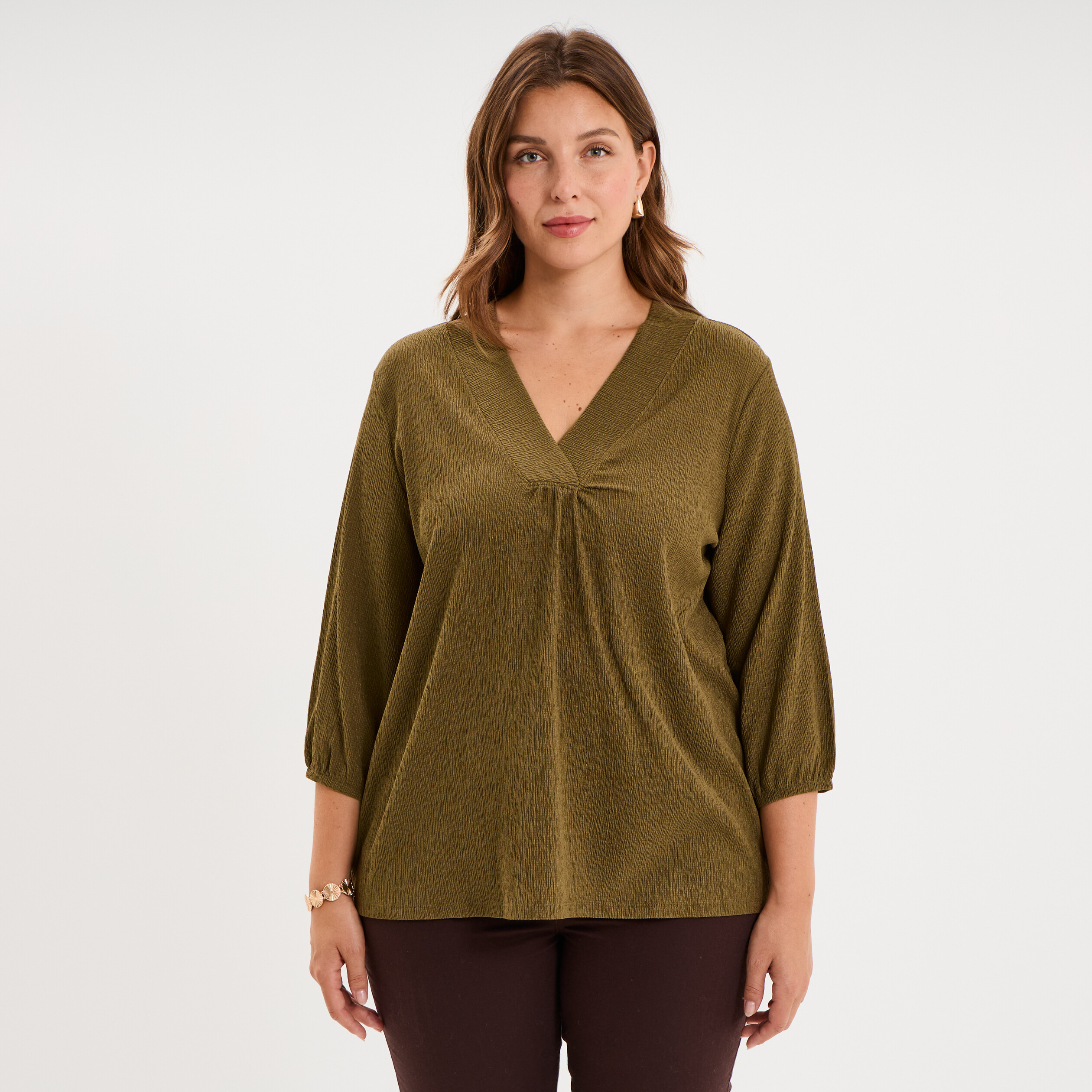 Blouse oversize manches 3/4 et col en V beige femme grande taille