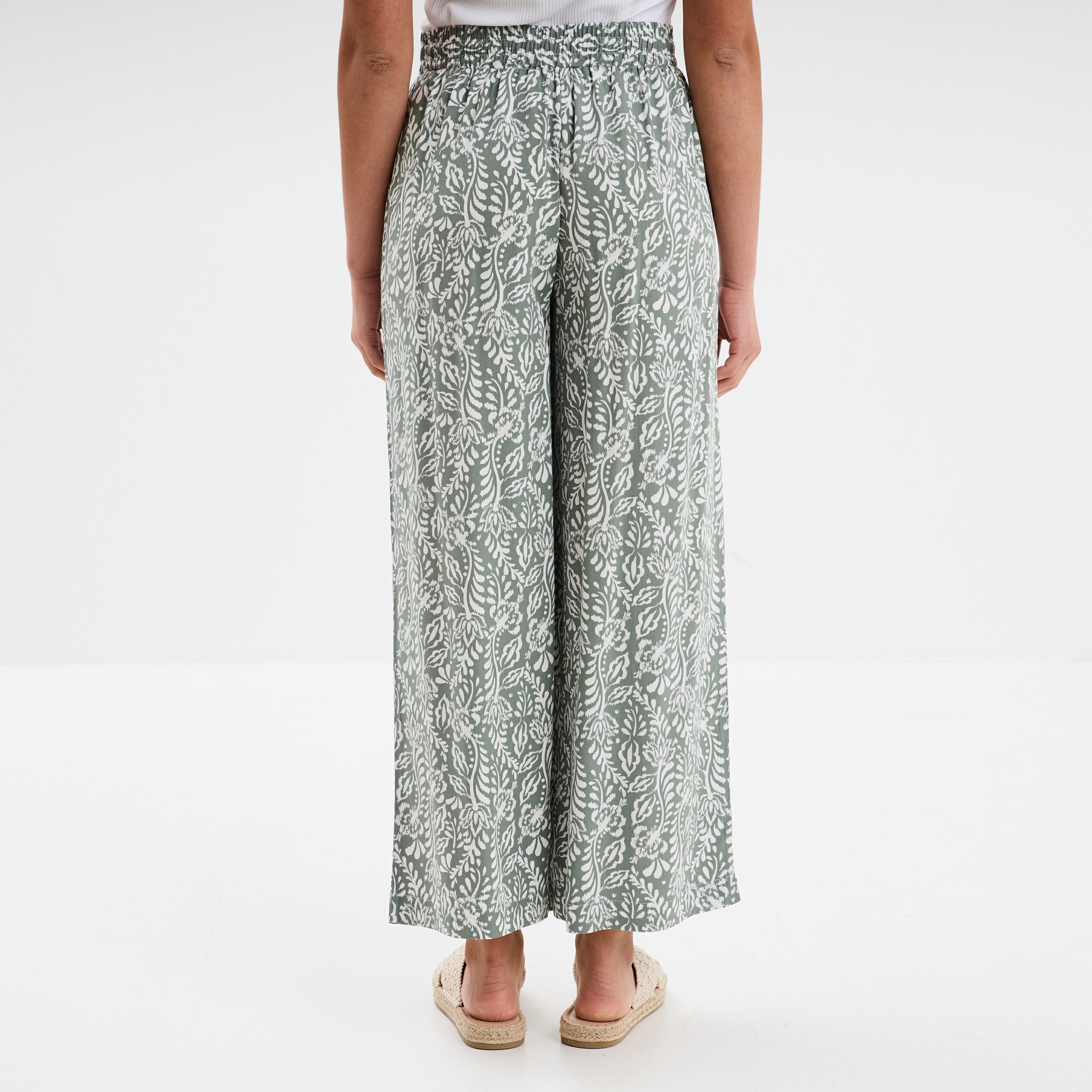 pantalon fluide large taille elastiquee vert kaki femme Pantalon fluide large taille élastiquée vert kaki femme