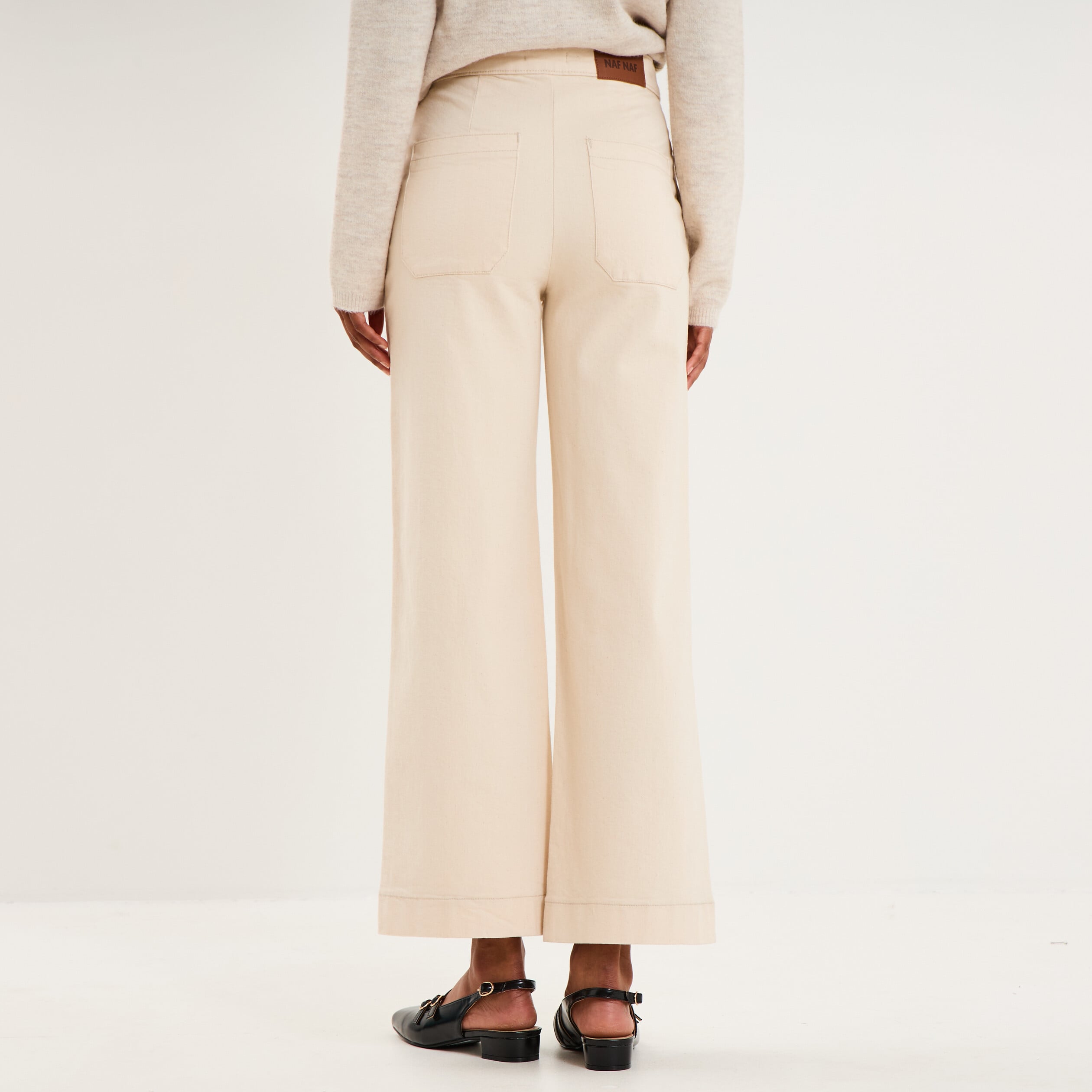 Pantalon wide leg cropped &agrave; boutons ivoire femme