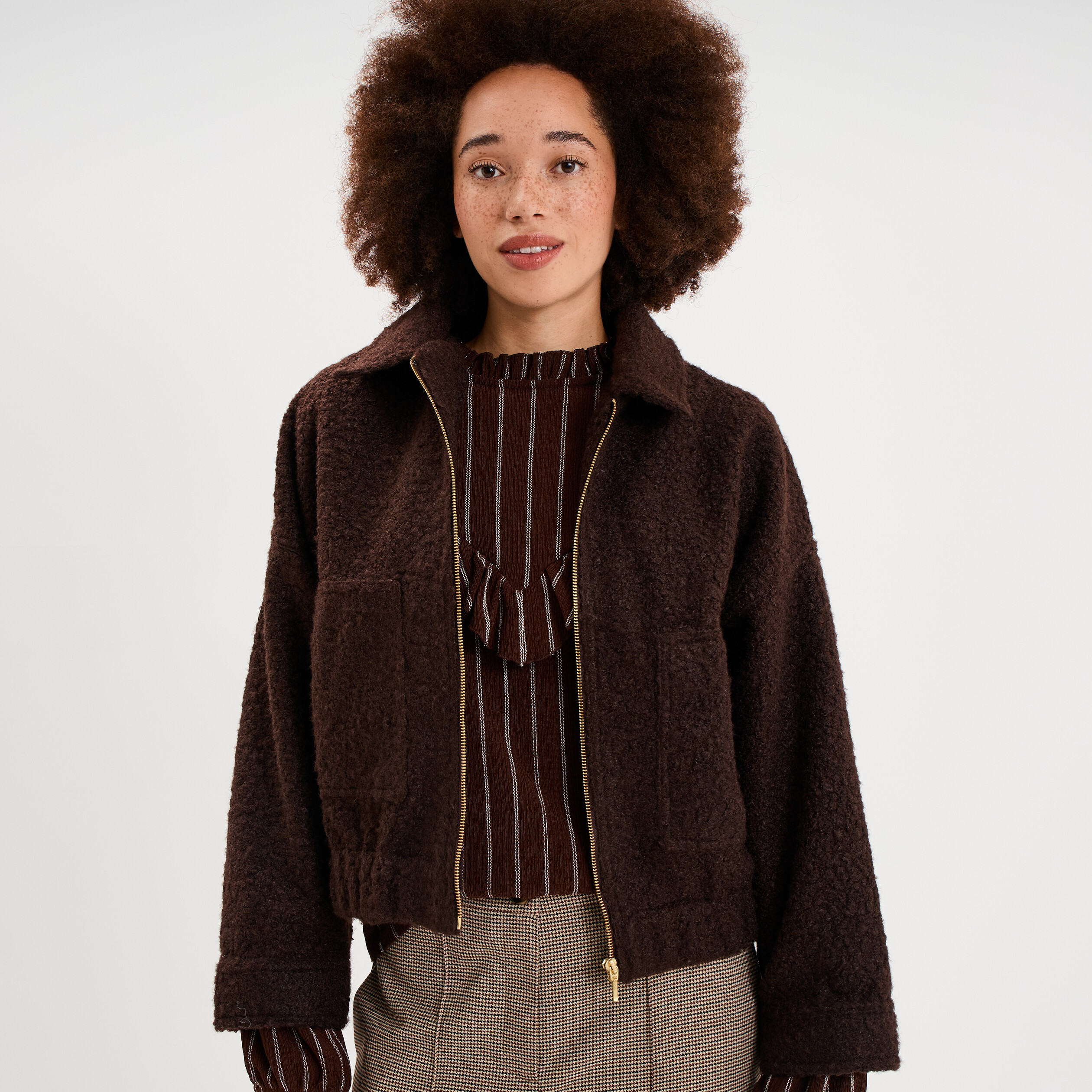 Veste bouclette oversize col tailleur marron fonc&eacute; femme