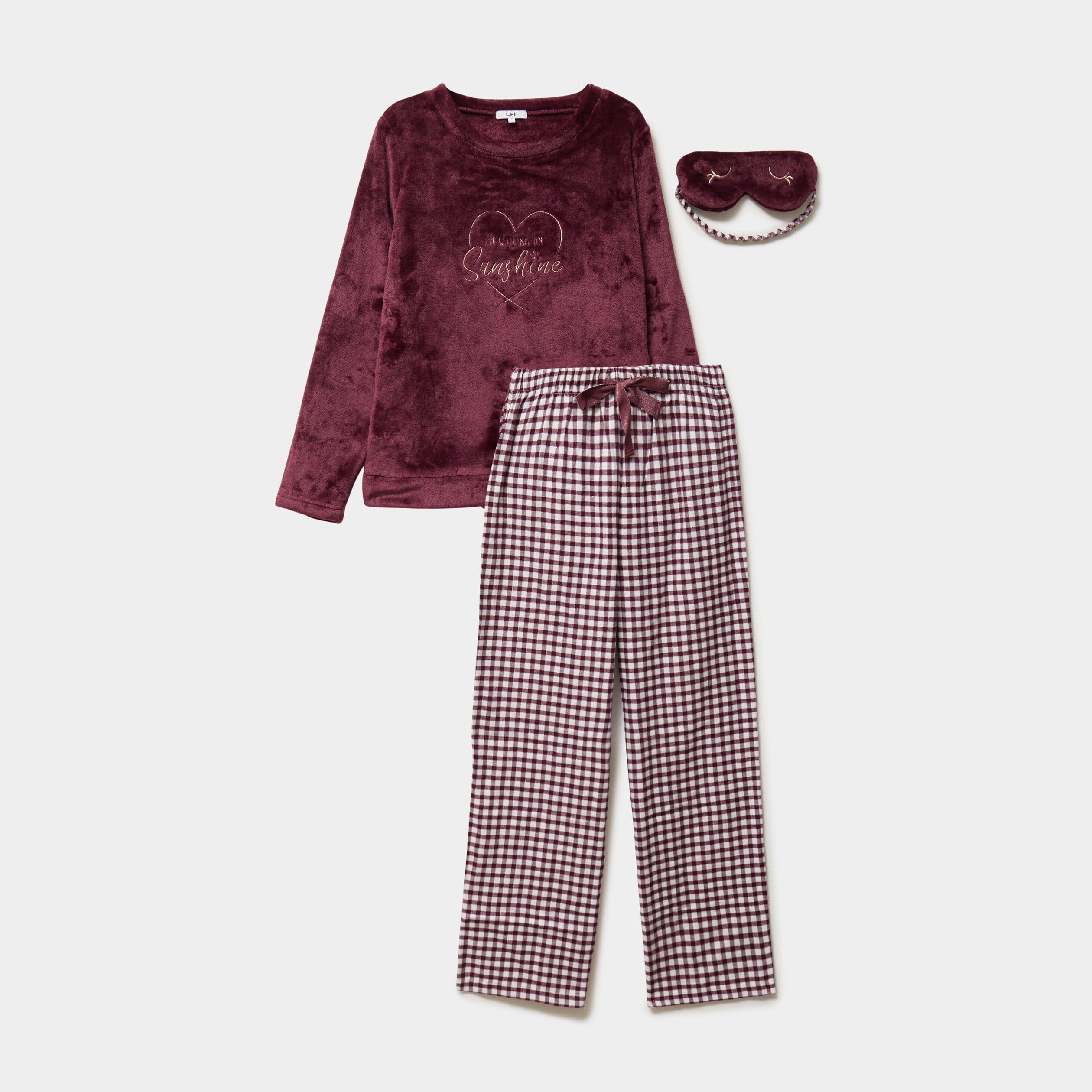 Ensemble pyjama effet polaire 3 pi&egrave;ces bordeaux femme