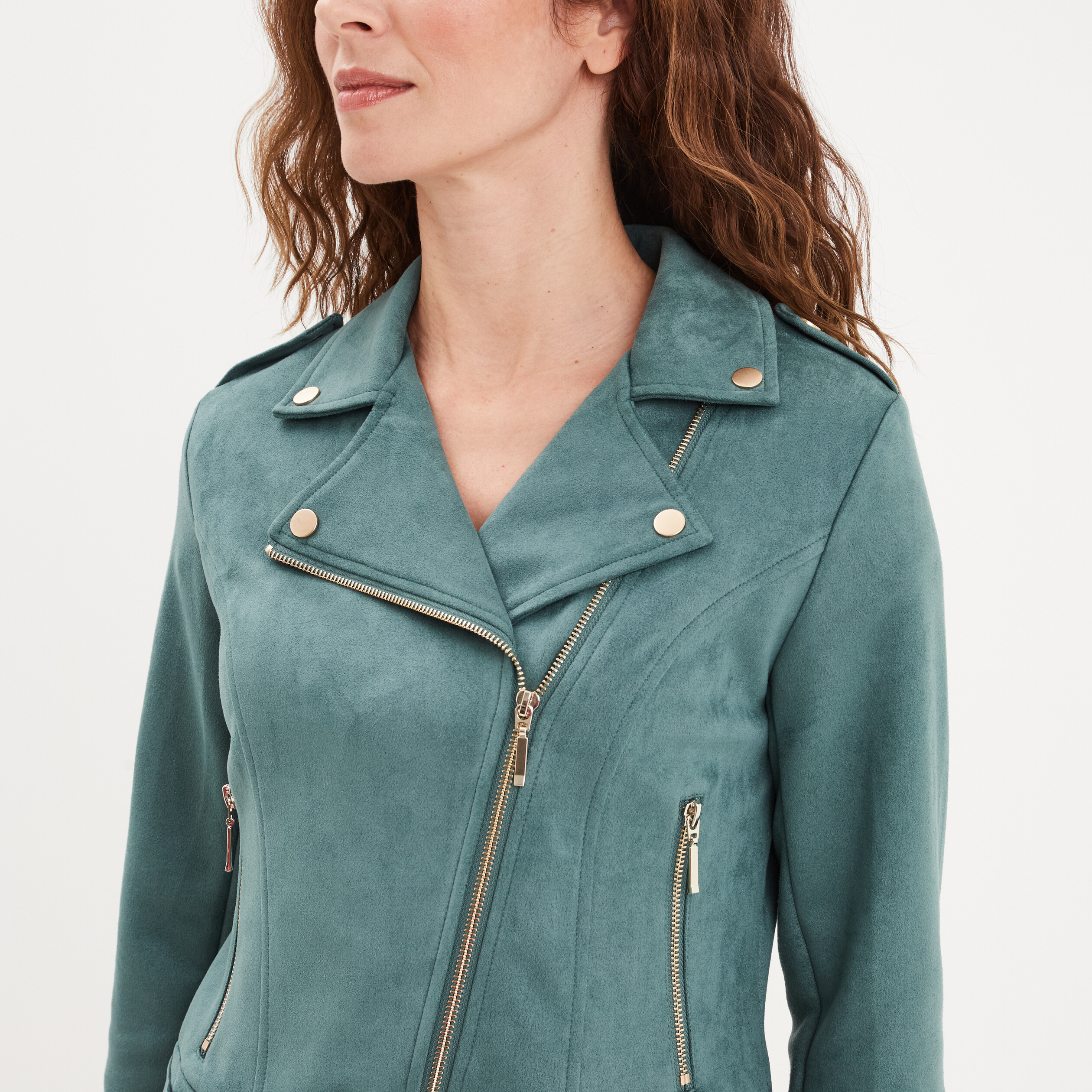 veste courte esprit biker effet suedine vert fonce femme Veste courte esprit biker effet suédine vert foncé femme