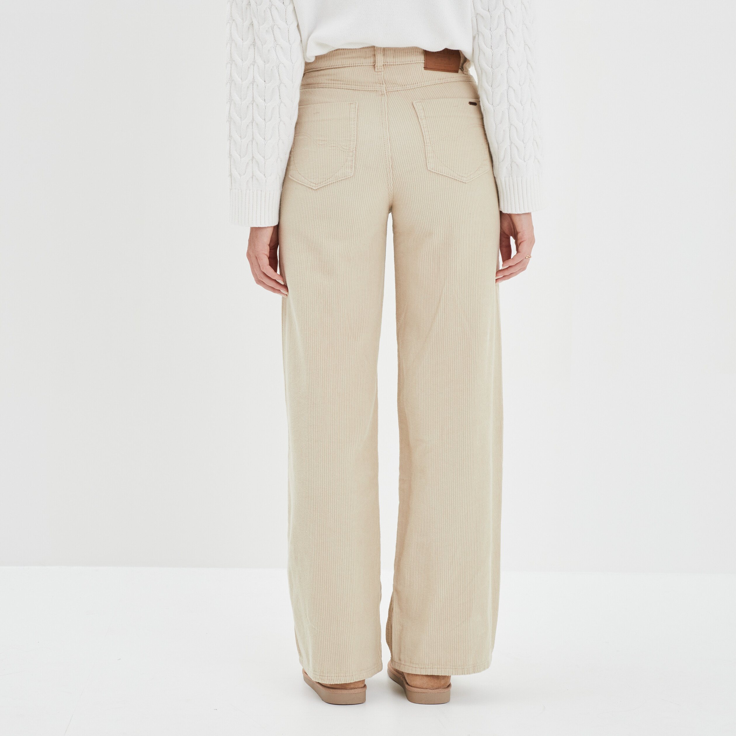 Pantalon velours taille haute large blanc femme