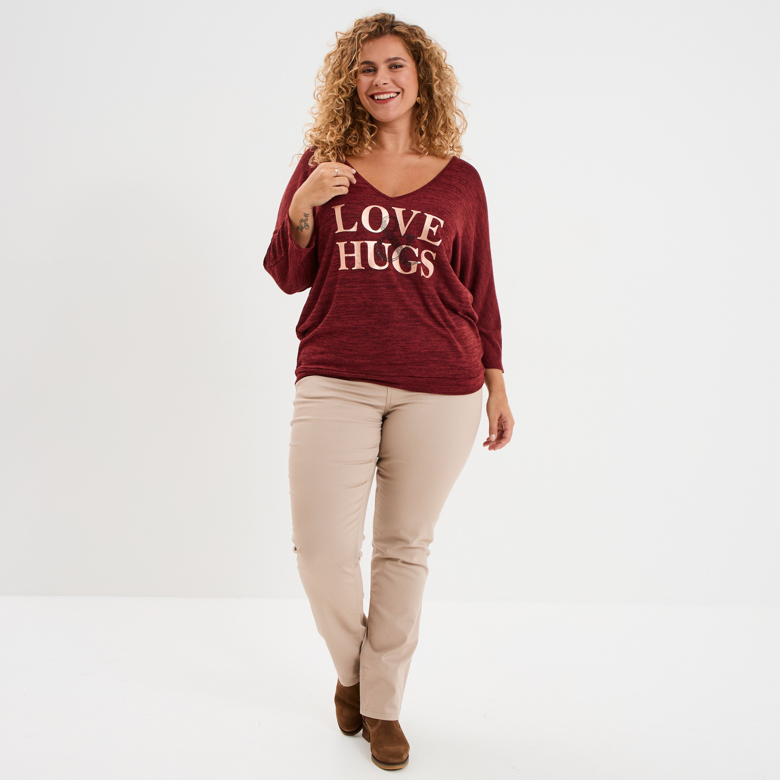 pull manches 34 chauve souris col v bordeaux femmegt Pull manches 3/4 chauve-souris col V bordeaux femme grande taille