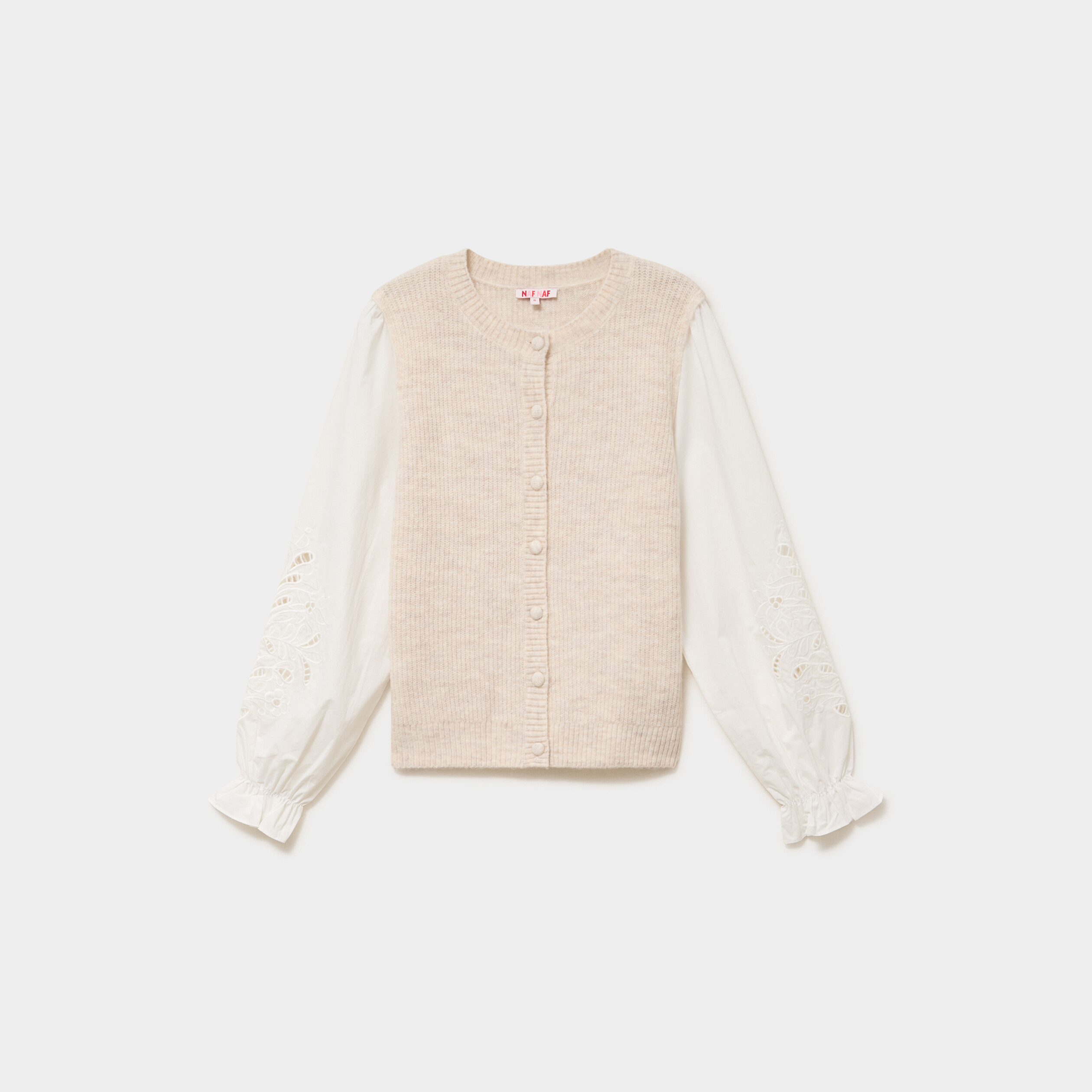Gilet 2 en 1 bi-mati&egrave;re col rond beige femme