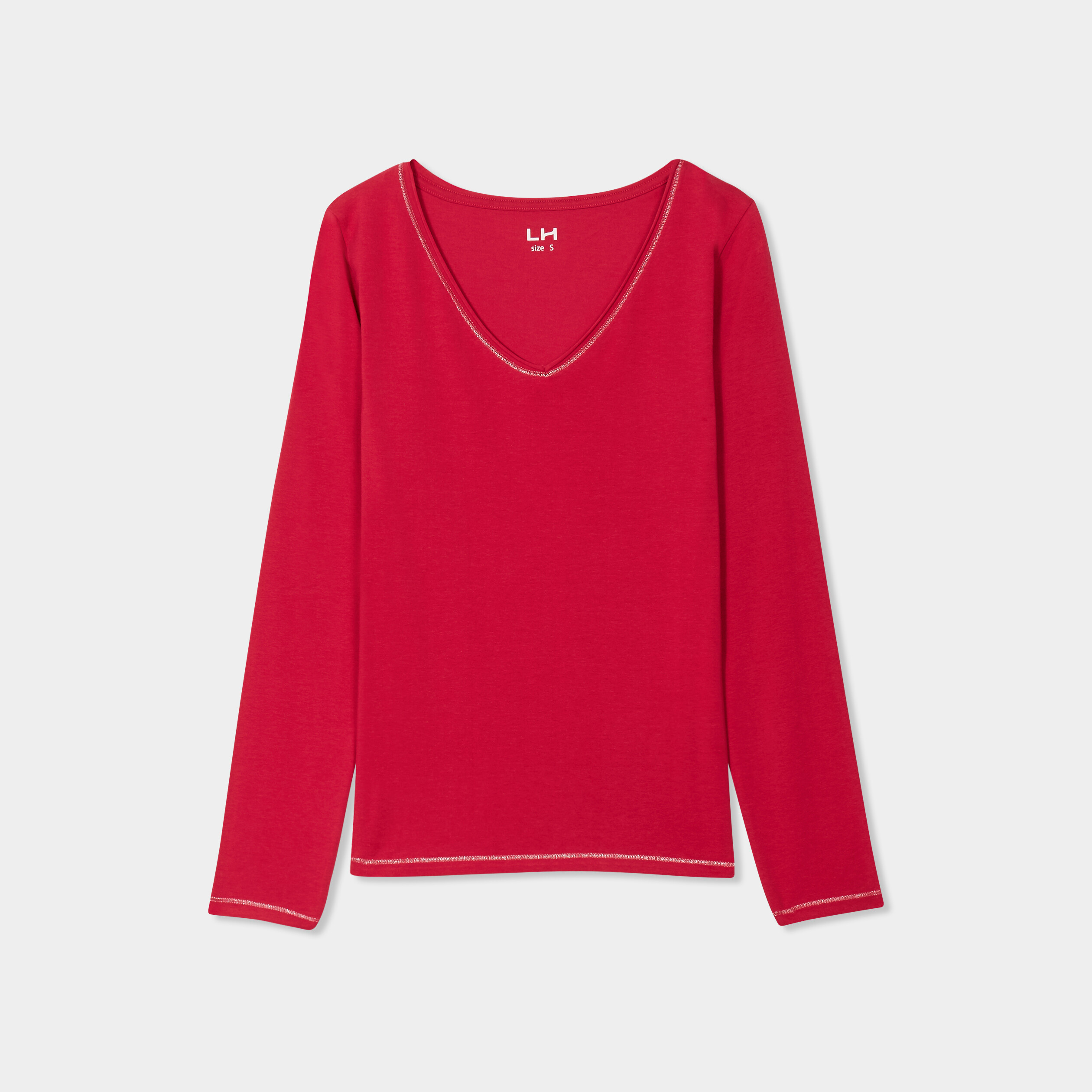 t shirt manches longues col en v coton rose framboise femme T-shirt manches longues col en V coton rose framboise femme