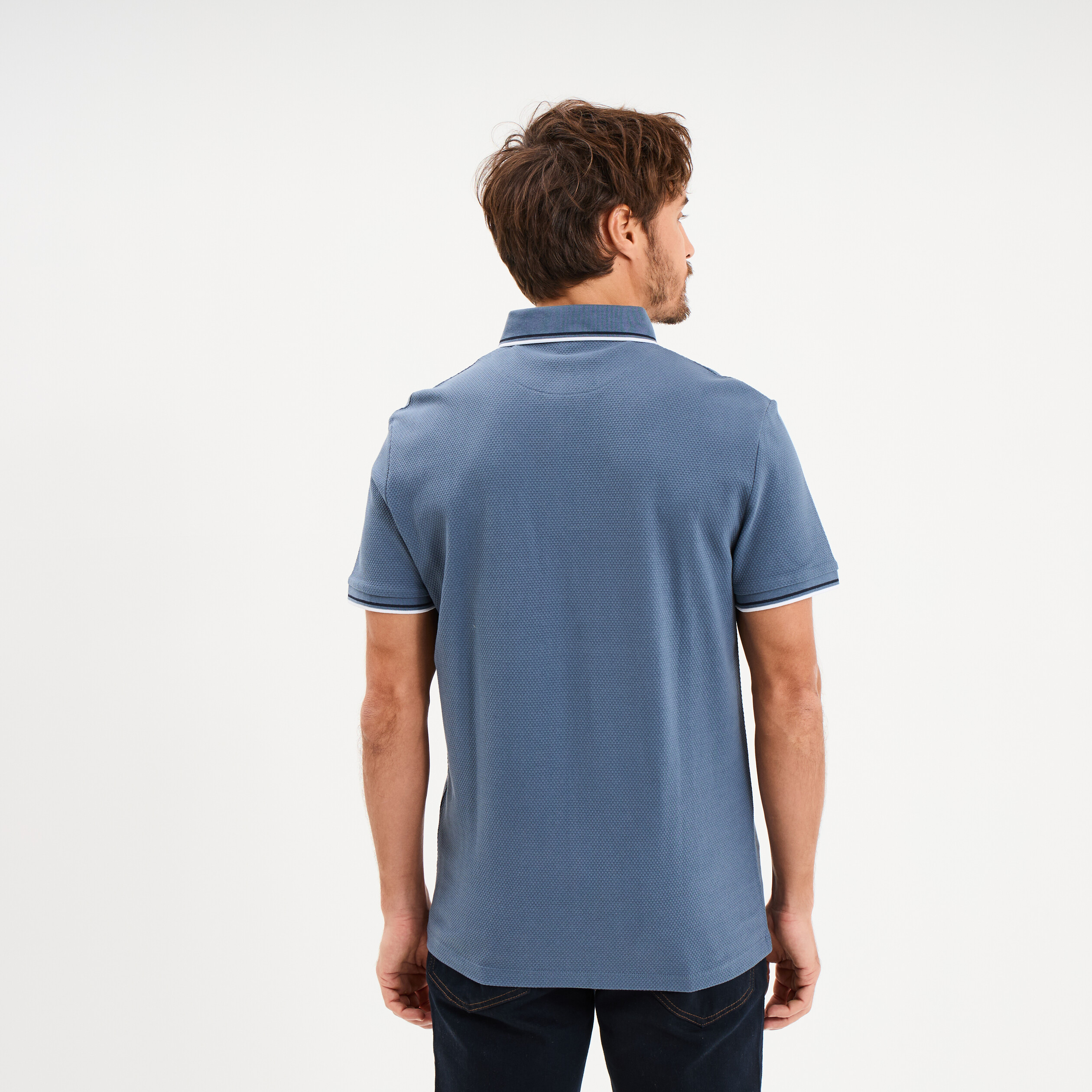 Polo piqu&eacute; manches courtes coton bleu gris homme