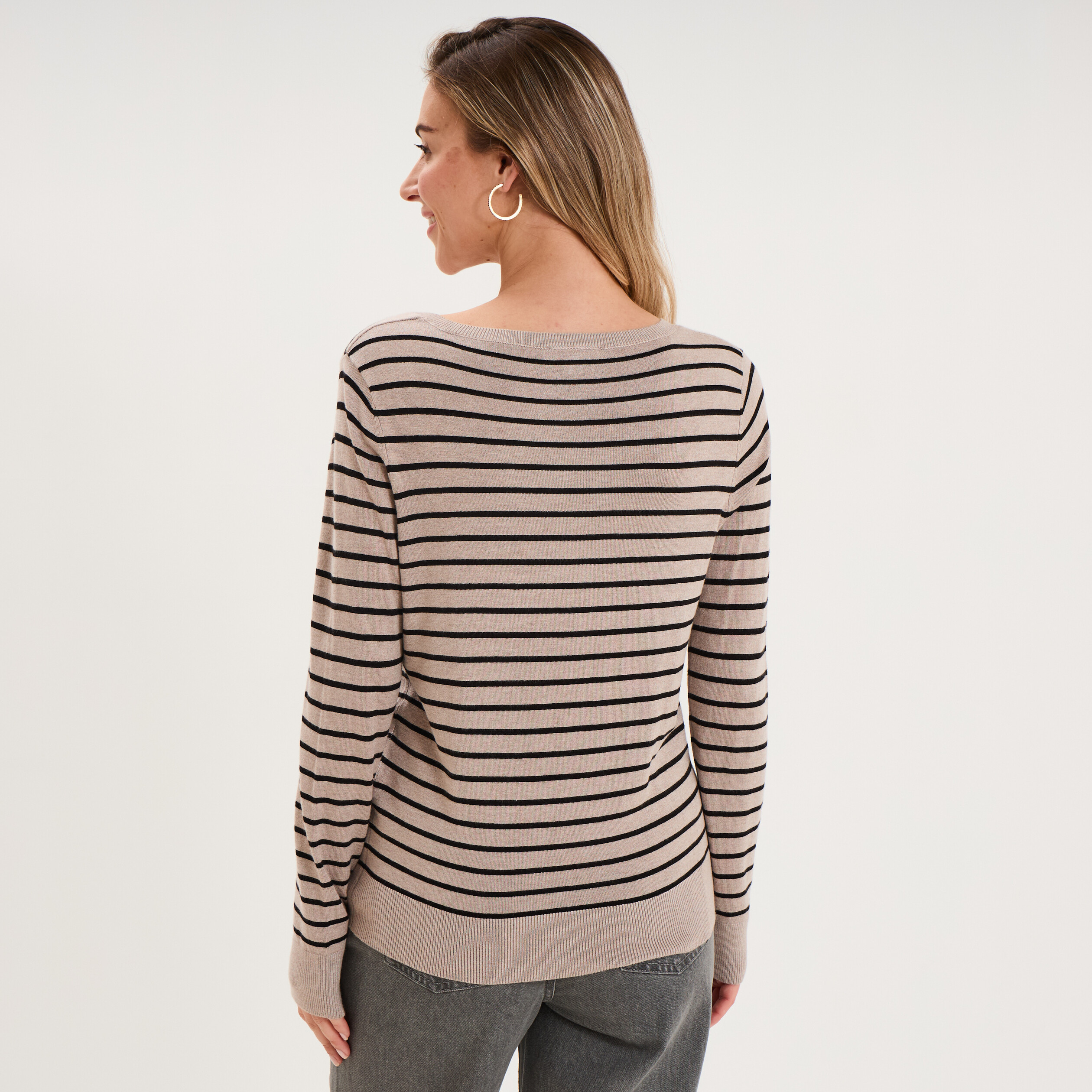 Pull col en V manches longues beige clair femme