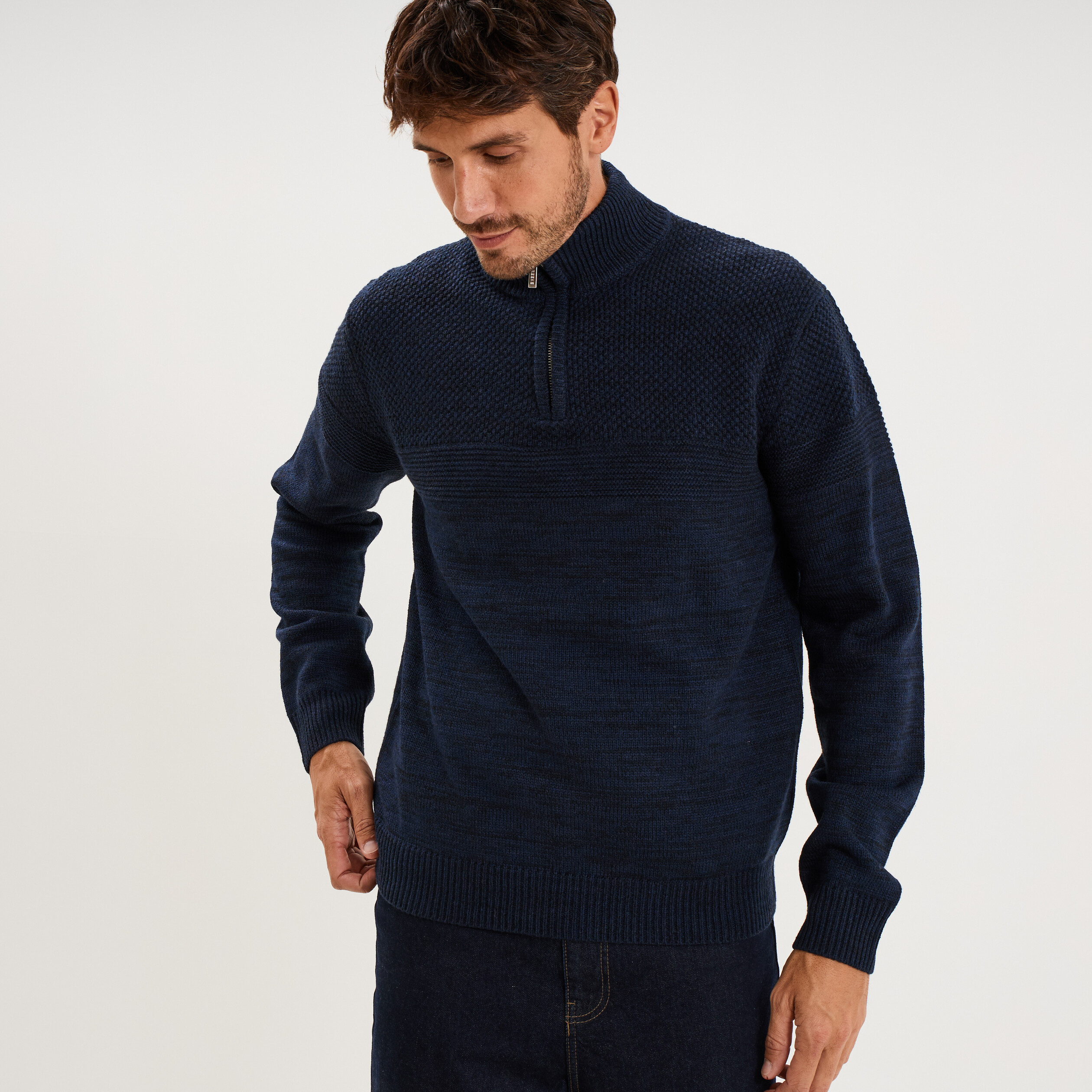 Pull col camionneur manches longues bleu marine homme