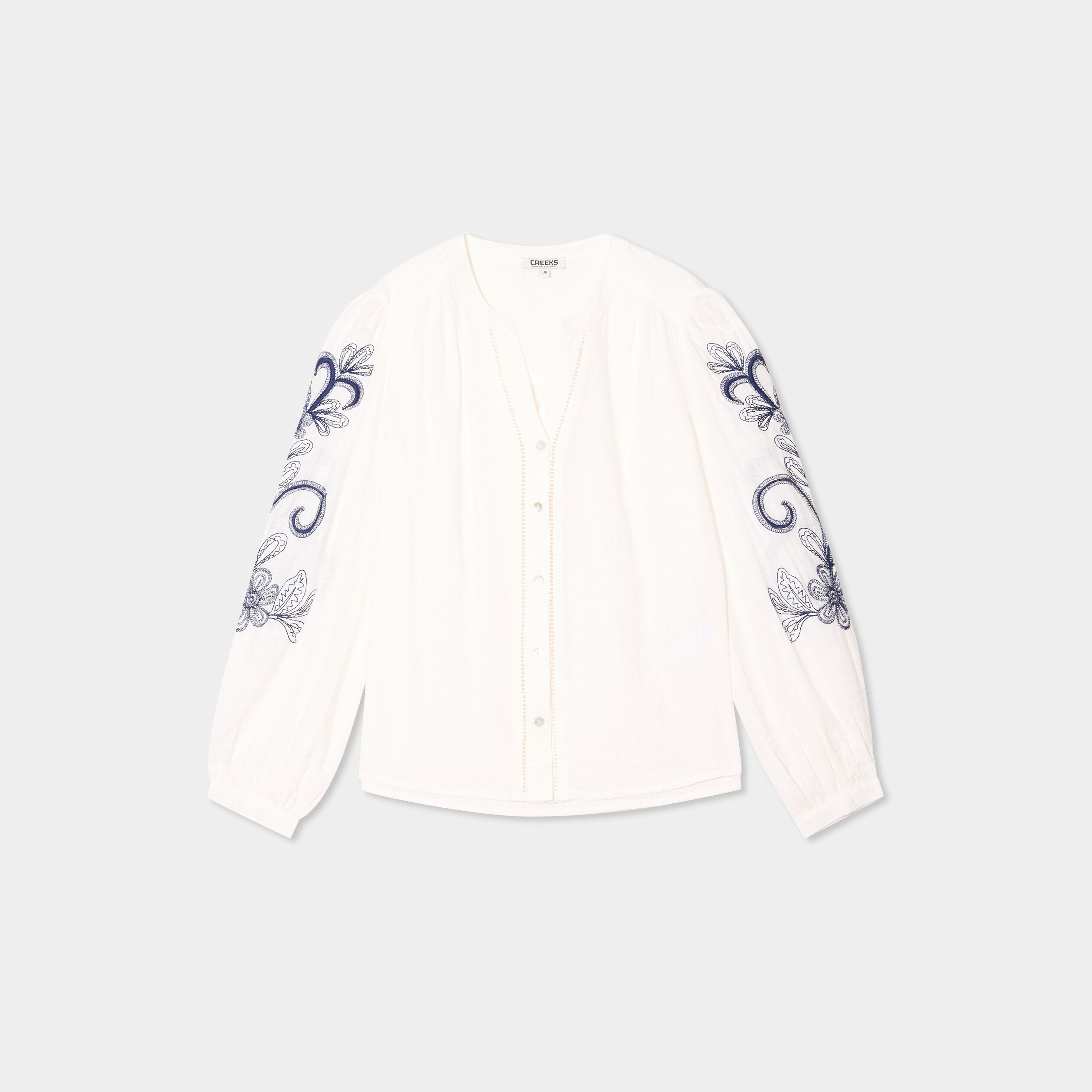 blouse col tunisien manches brodees ecru femme Blouse col tunisien manches brodées ecru femme