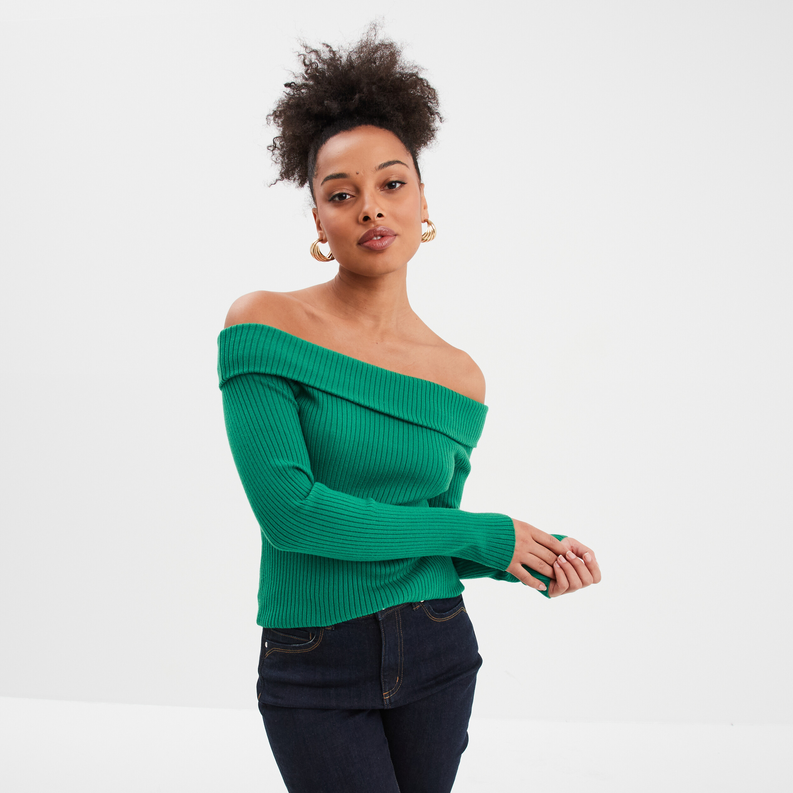 Coll Pull Pull côtelé col bardot manches longues vert femme | La Halle