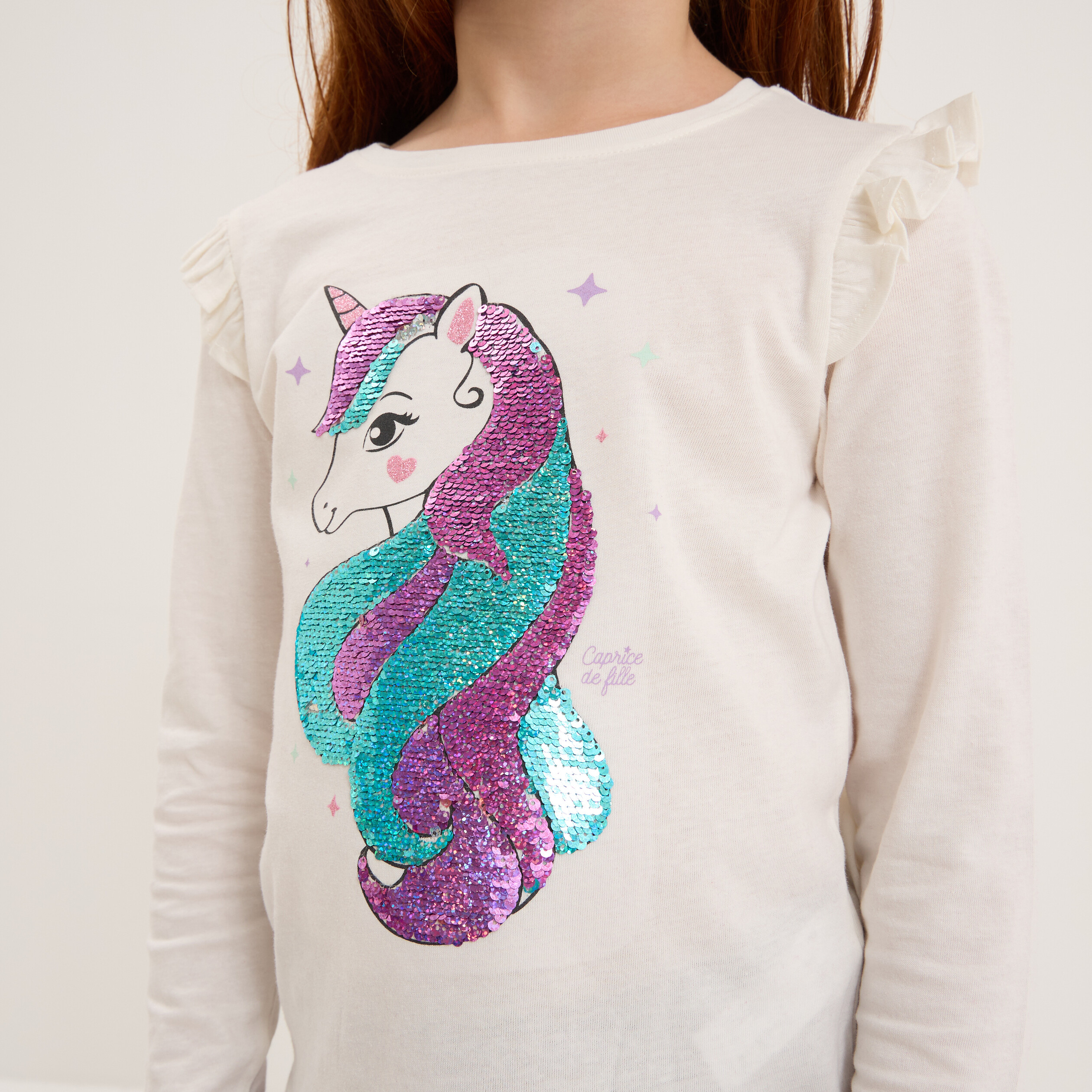 T-shirt à sequins manches longues coton ivoire fille