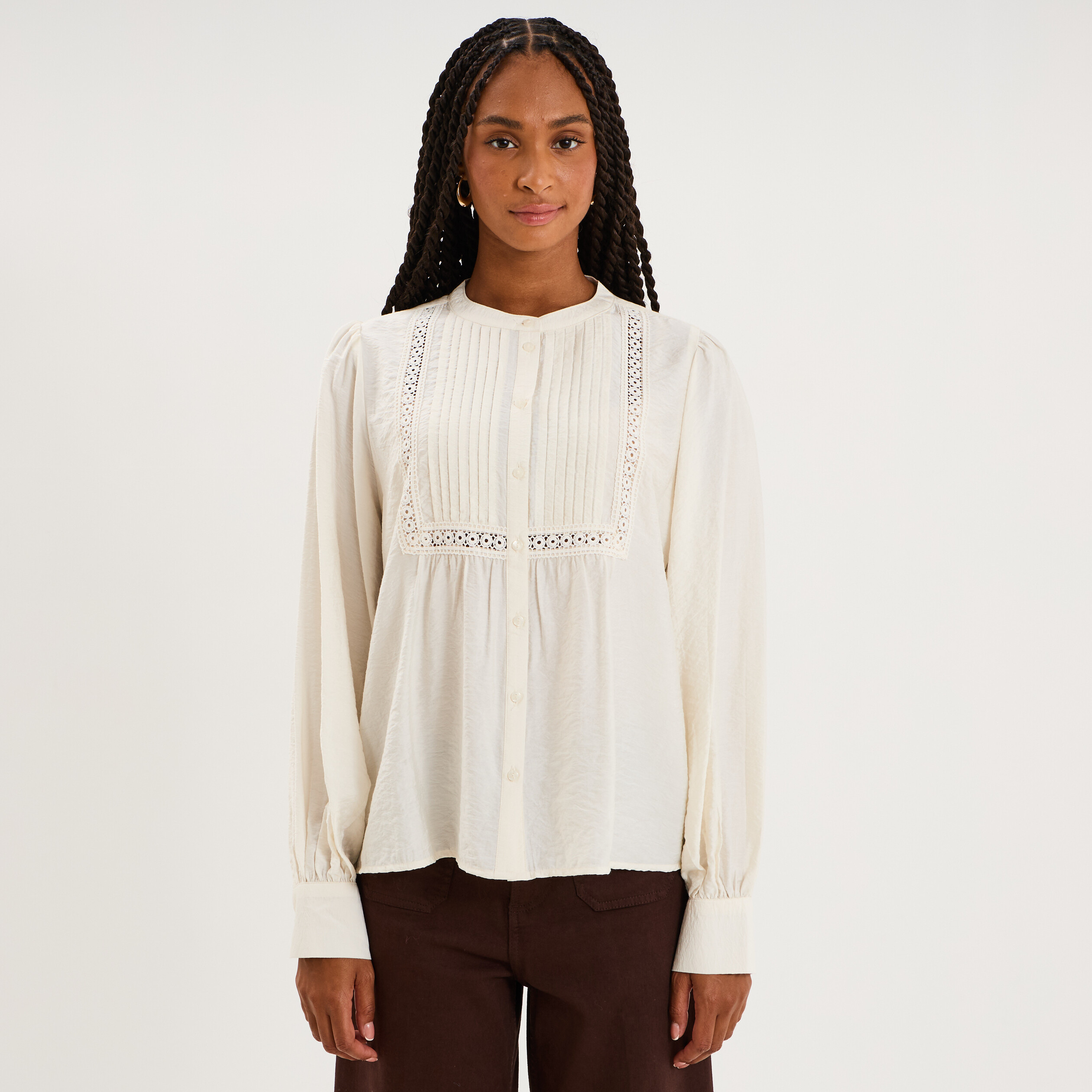 Blouse manches longues galons et fronces ecru femme