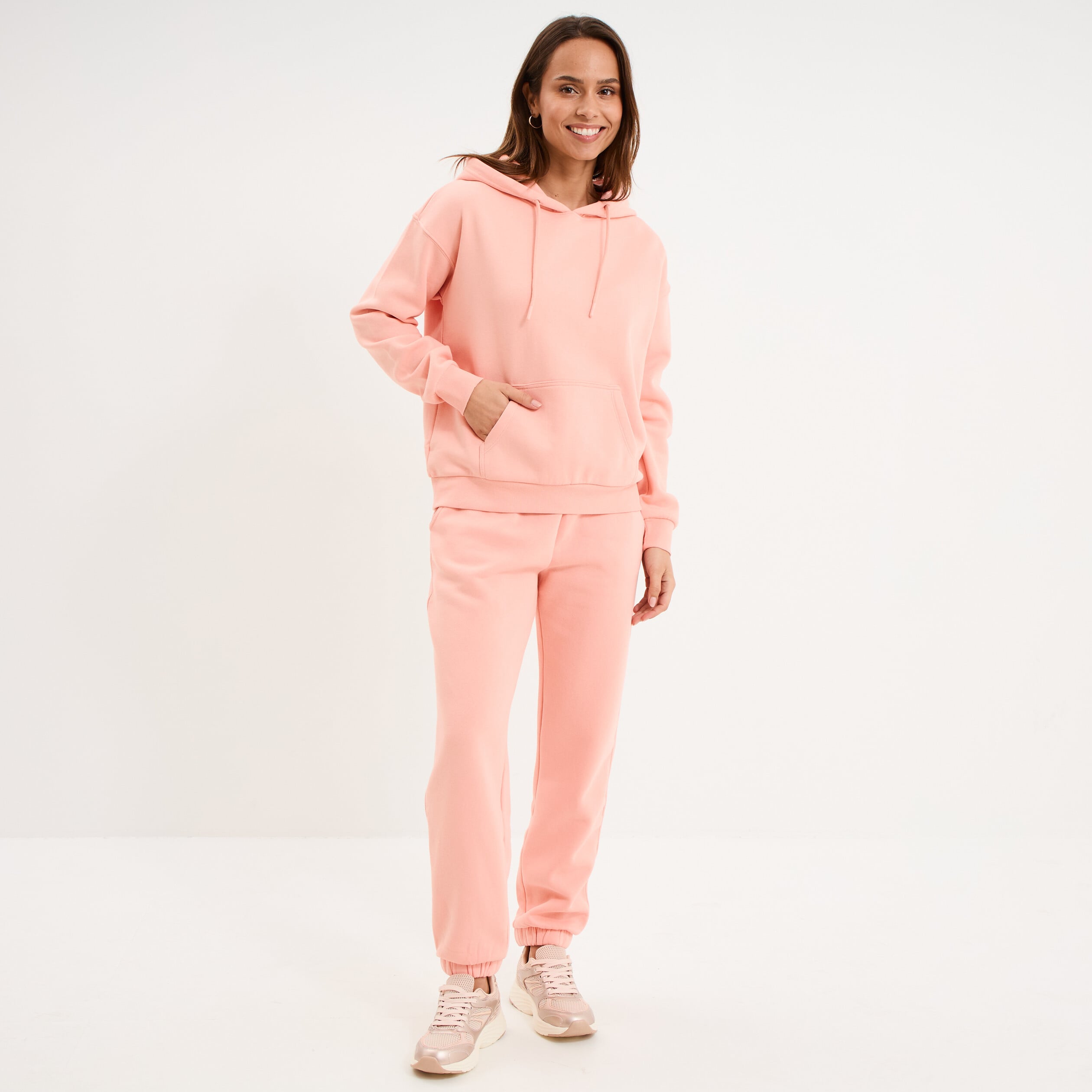 Pantalon jogging droit molleton rose poudr&eacute;e femme
