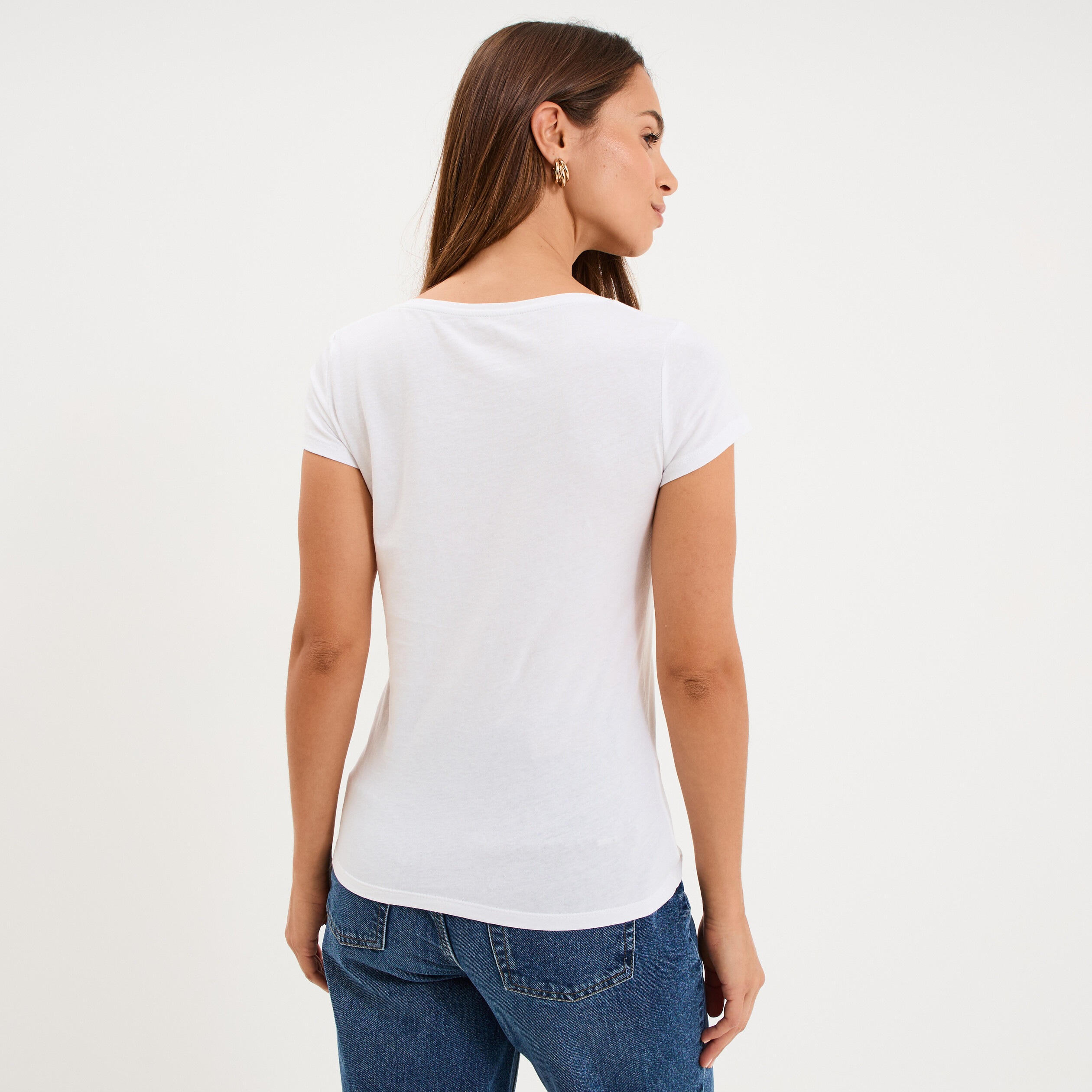 T-shirt coton col rond manches courtes blanc femme