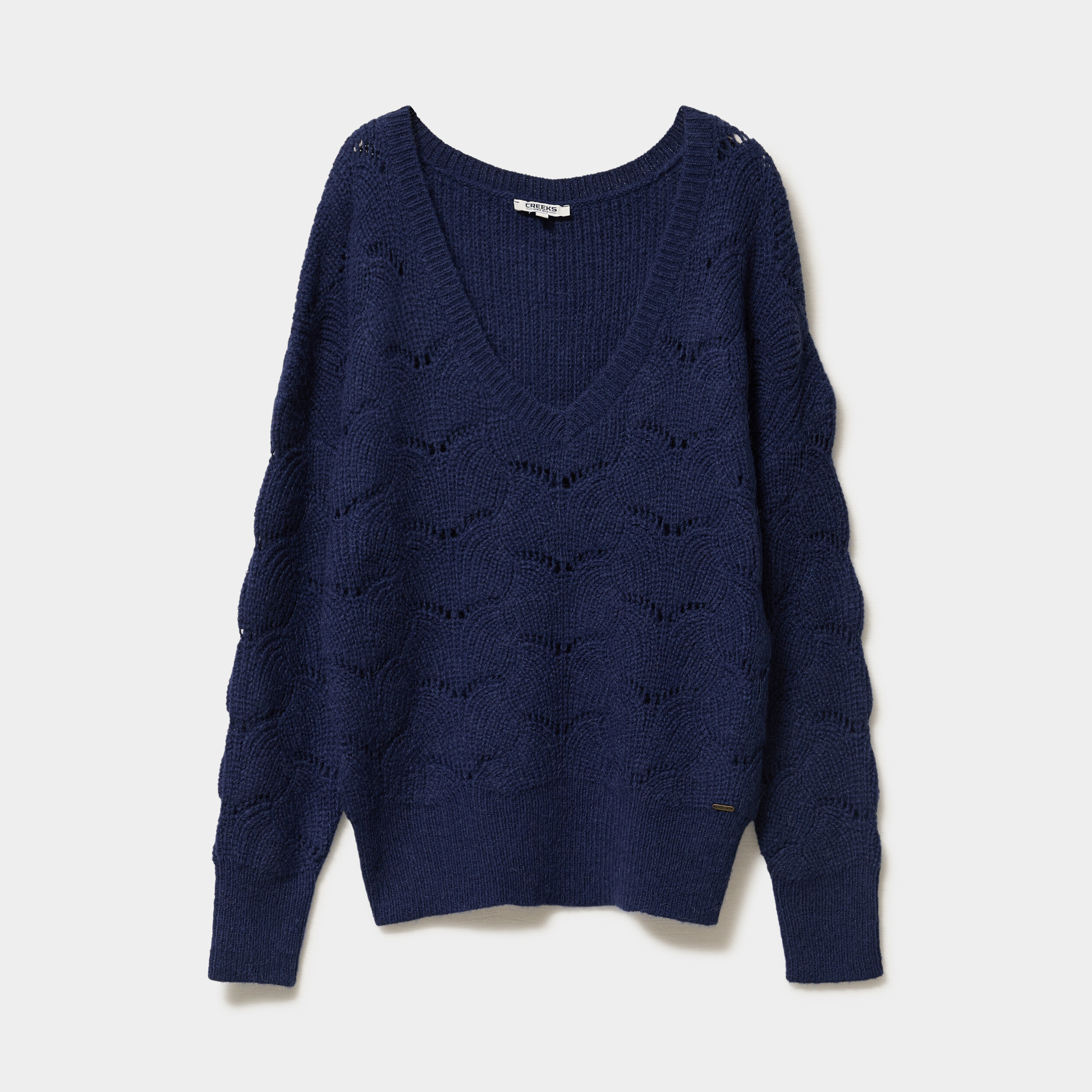 Pull ajour&eacute; col en V manches longues bleu femme
