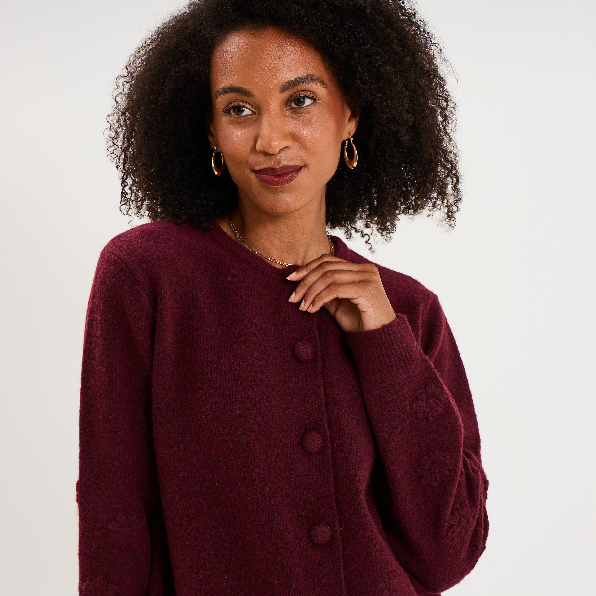 Gilet col rond boutonn&eacute; manches longues violet fonc&eacute; femme