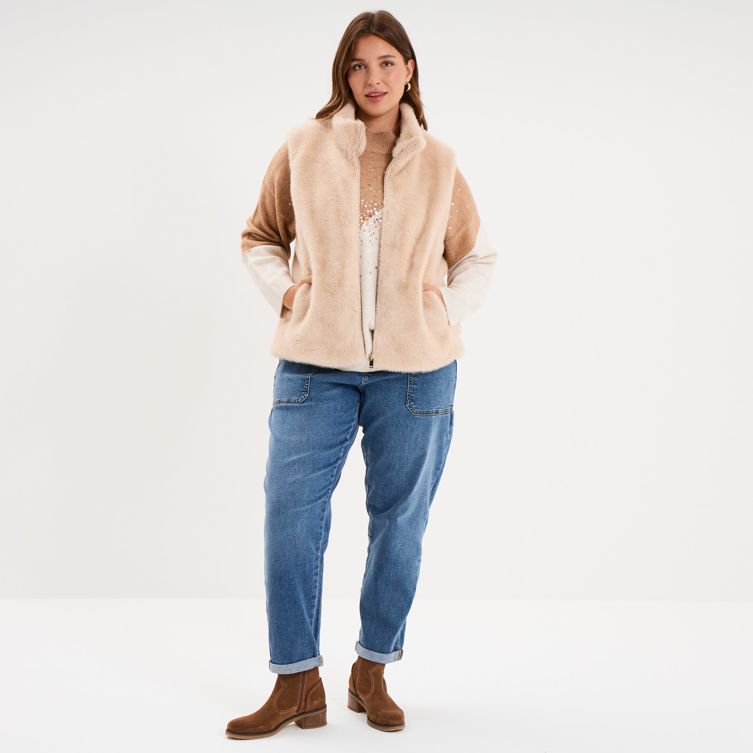 Veste fausse fourrure sans manches beige femme grande taille