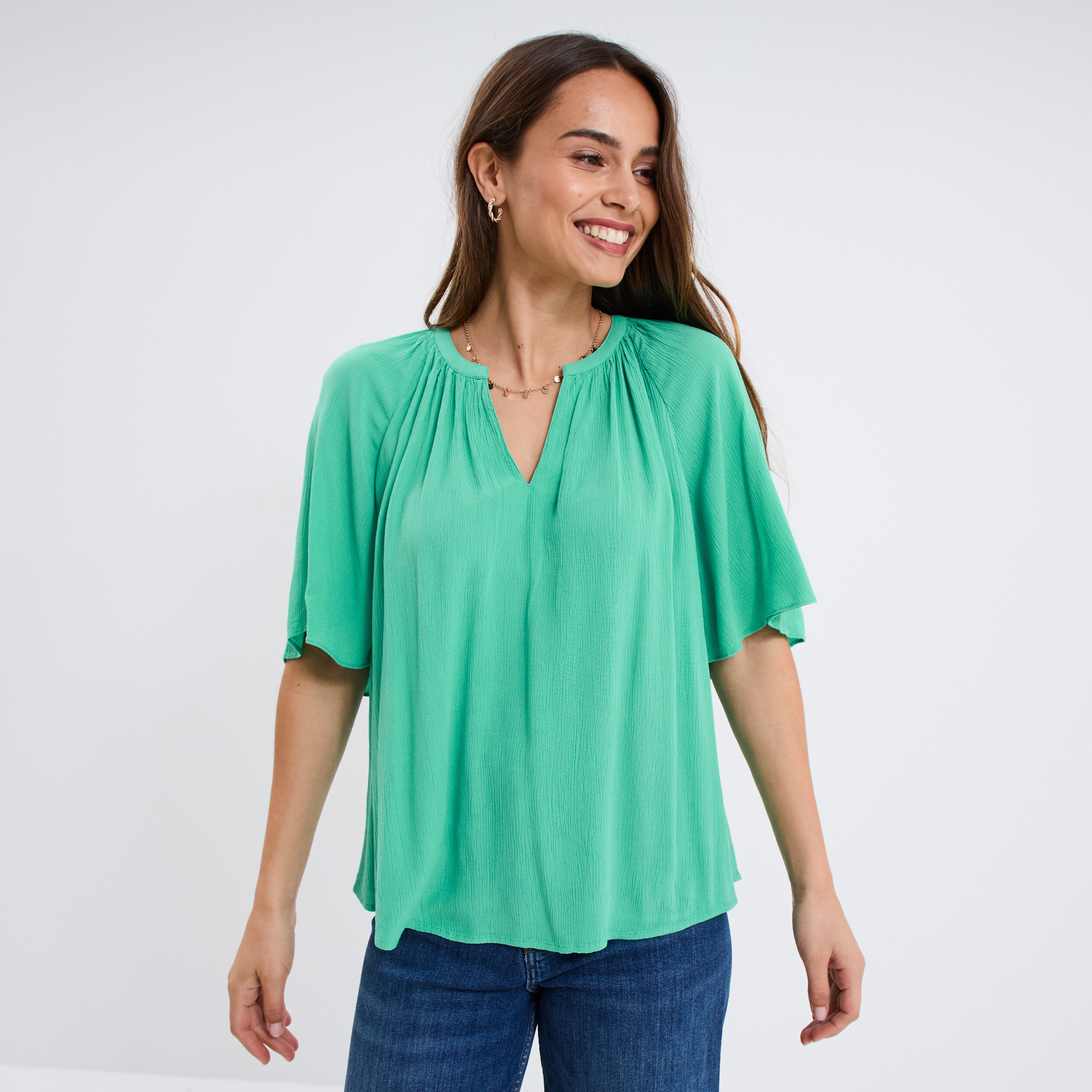 blouse manches papillons col tunisien vert menthe femme Blouse manches papillons col tunisien vert menthe femme