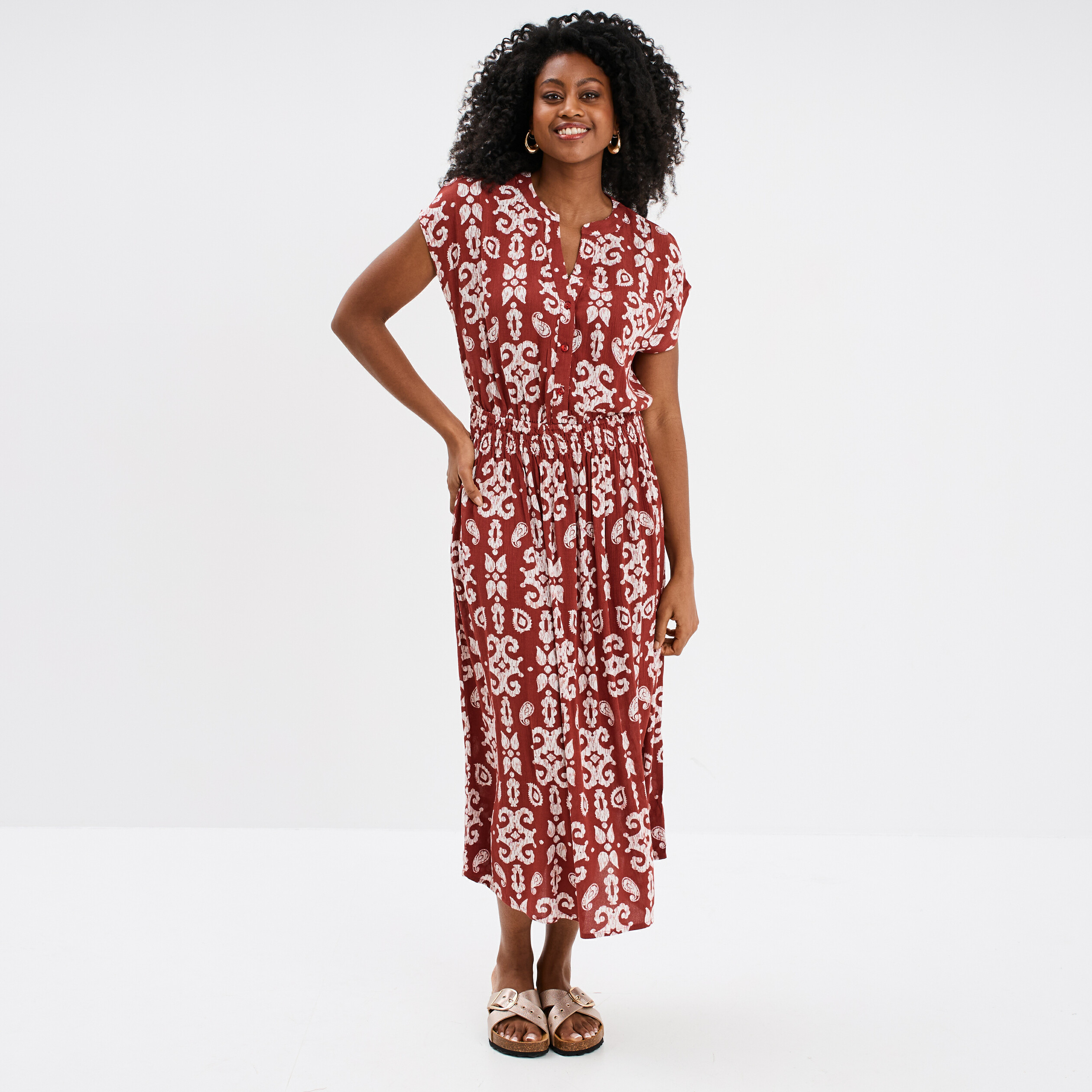 robe midi crepon col tunisien terracotta femme Robe midi crépon col tunisien terracotta femme