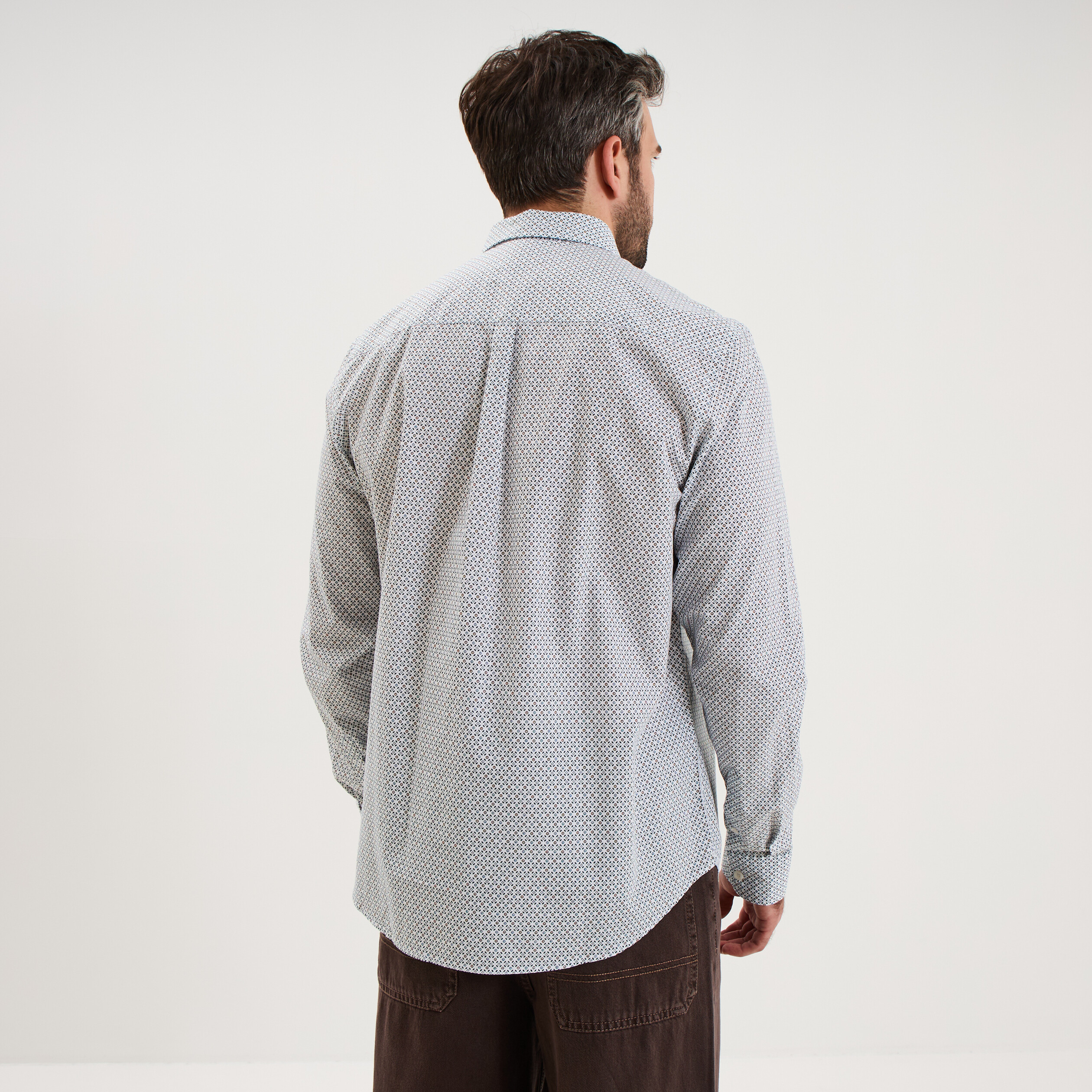 Chemise droite imprim&eacute;e manches longues beige homme