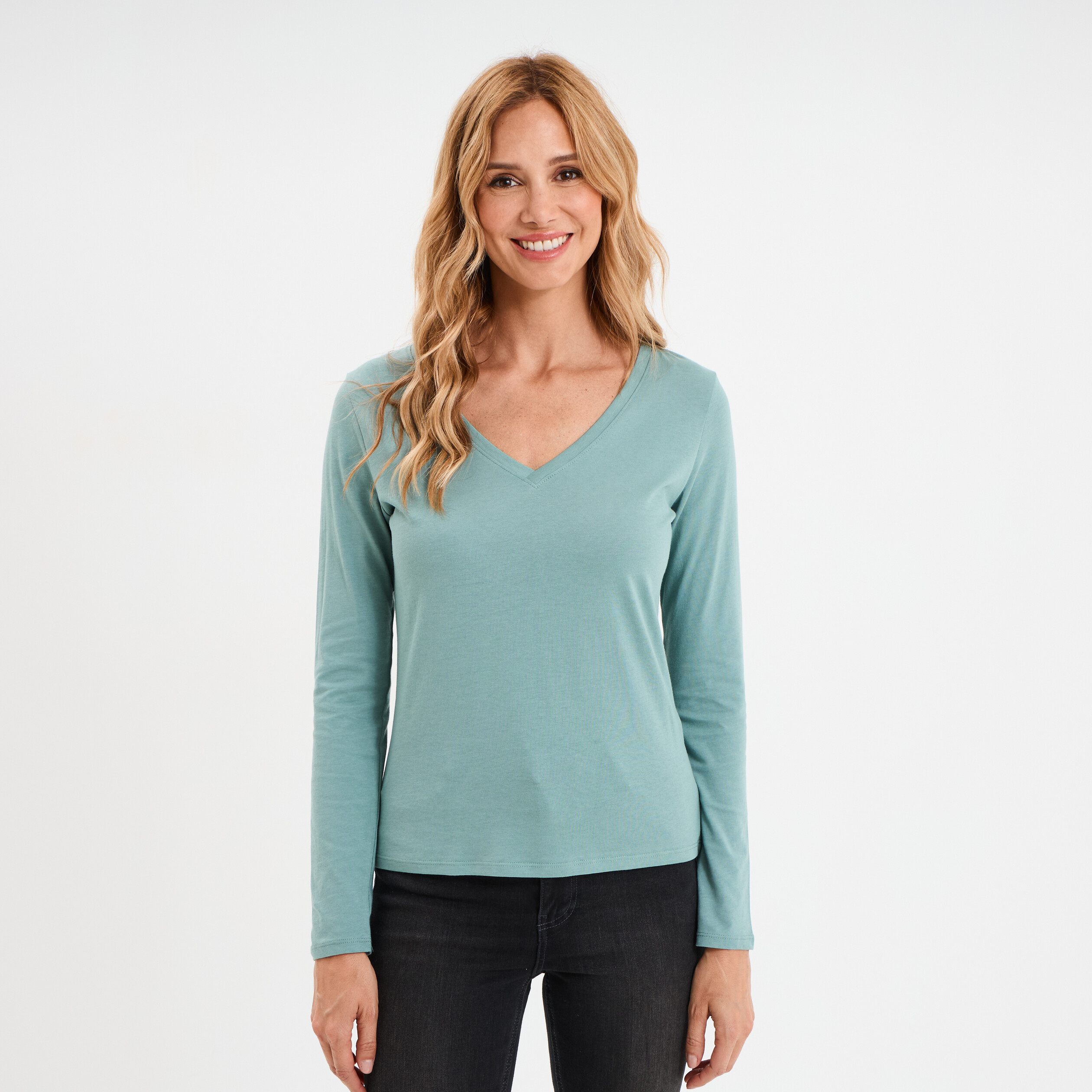t shirt col en v manches longues coton bleu gris femme T-shirt col en V manches longues coton bleu gris femme