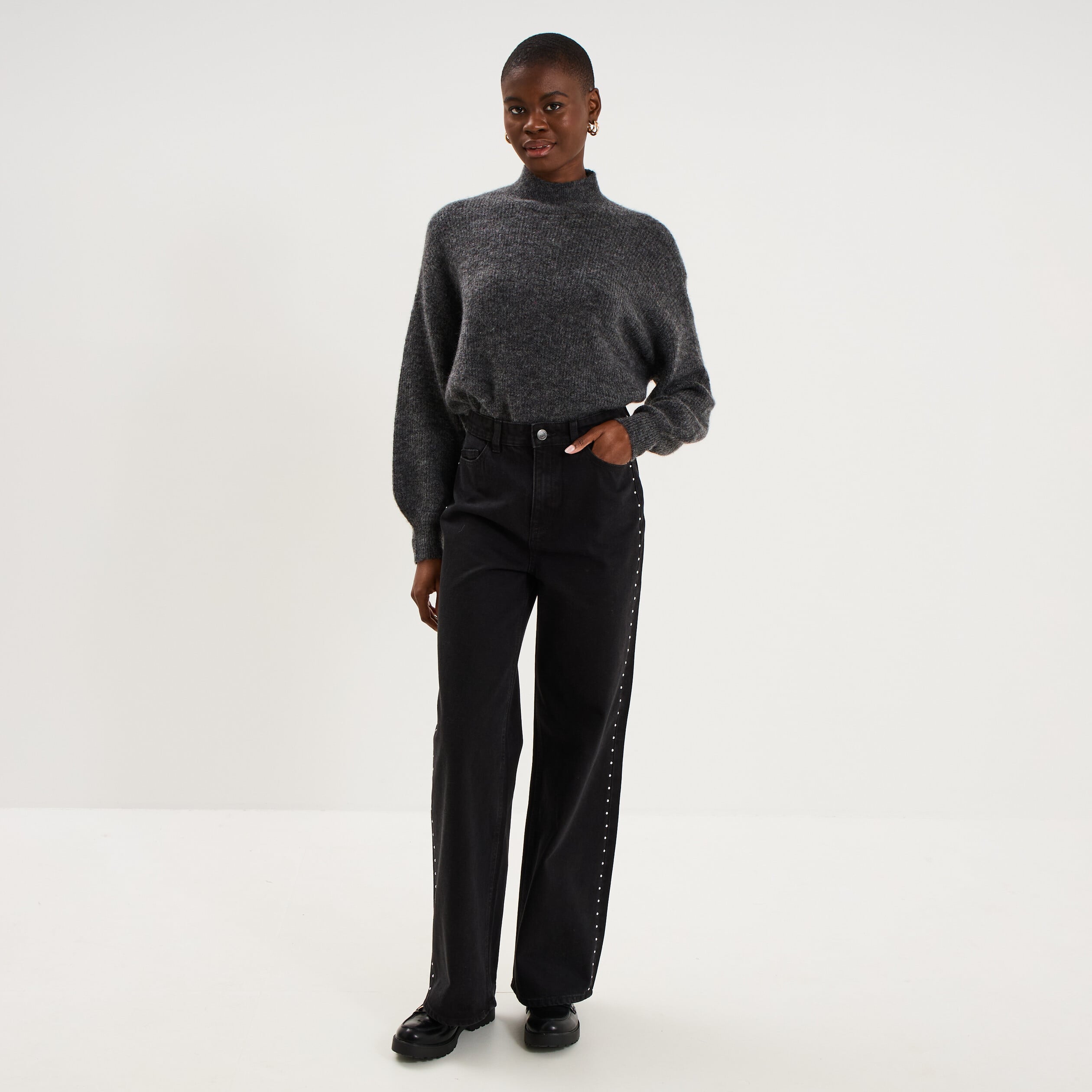 Pull col montant manches longues amples gris fonc&eacute; femme