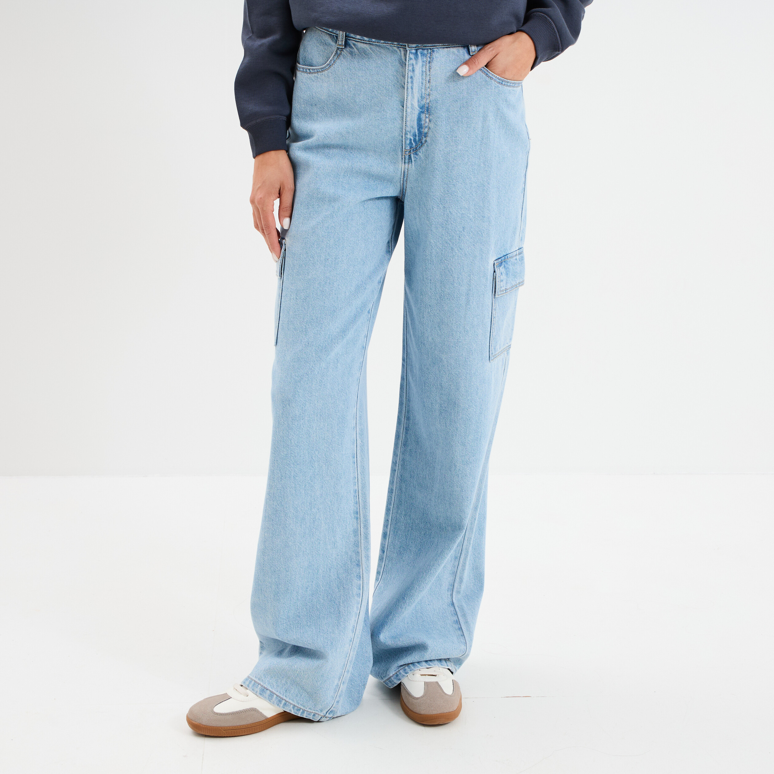 Jeans cargo large coton denim triple stone femme
