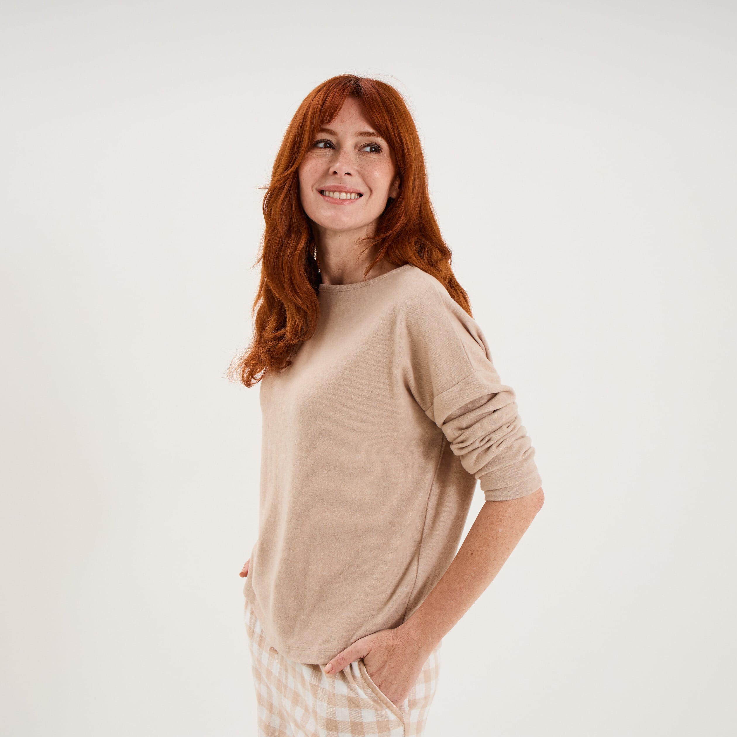 Pyjama pantalon manches longues beige clair femme
