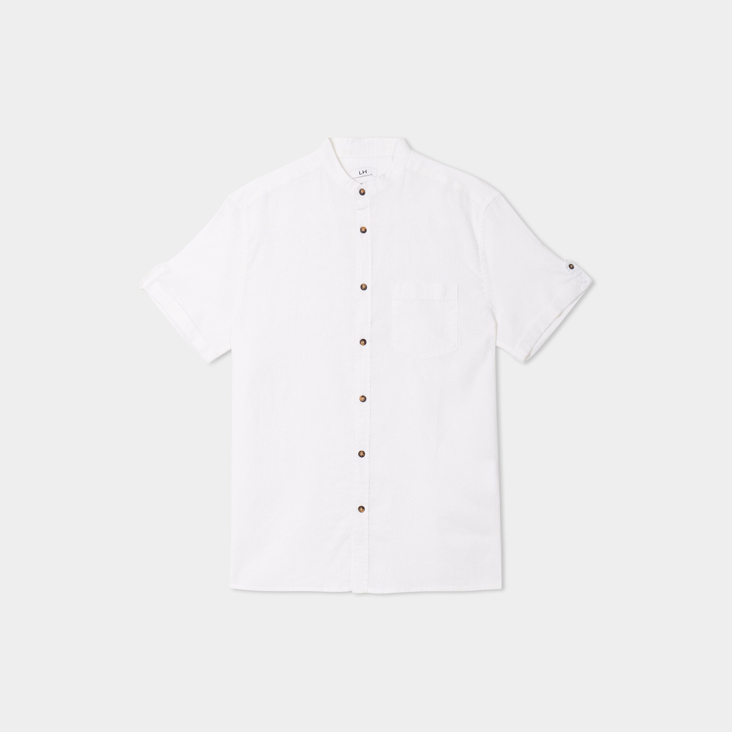 Chemise col mao lin mélangé blanc homme