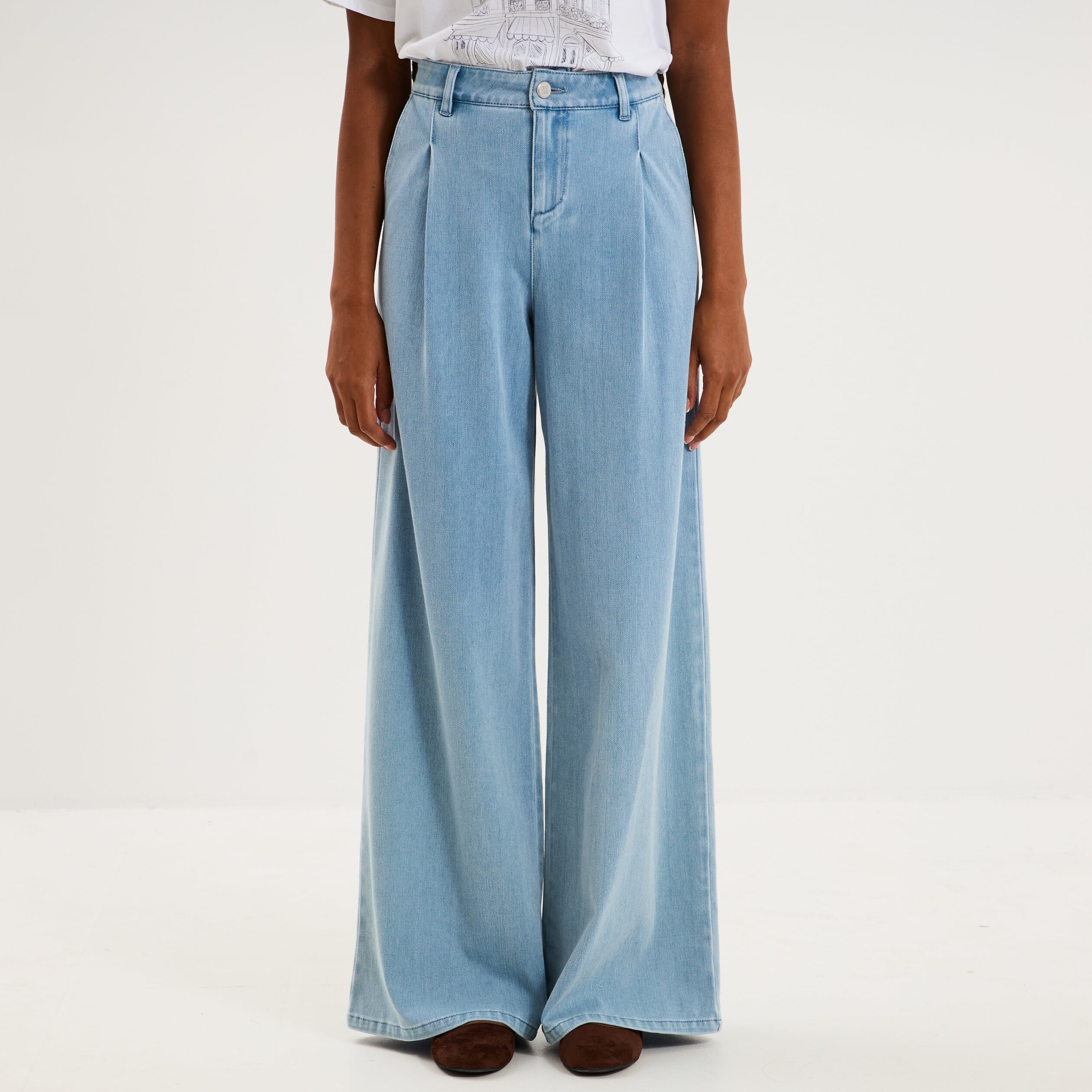 Jean large taille mi-haute &agrave; pinces denim triple stone femme