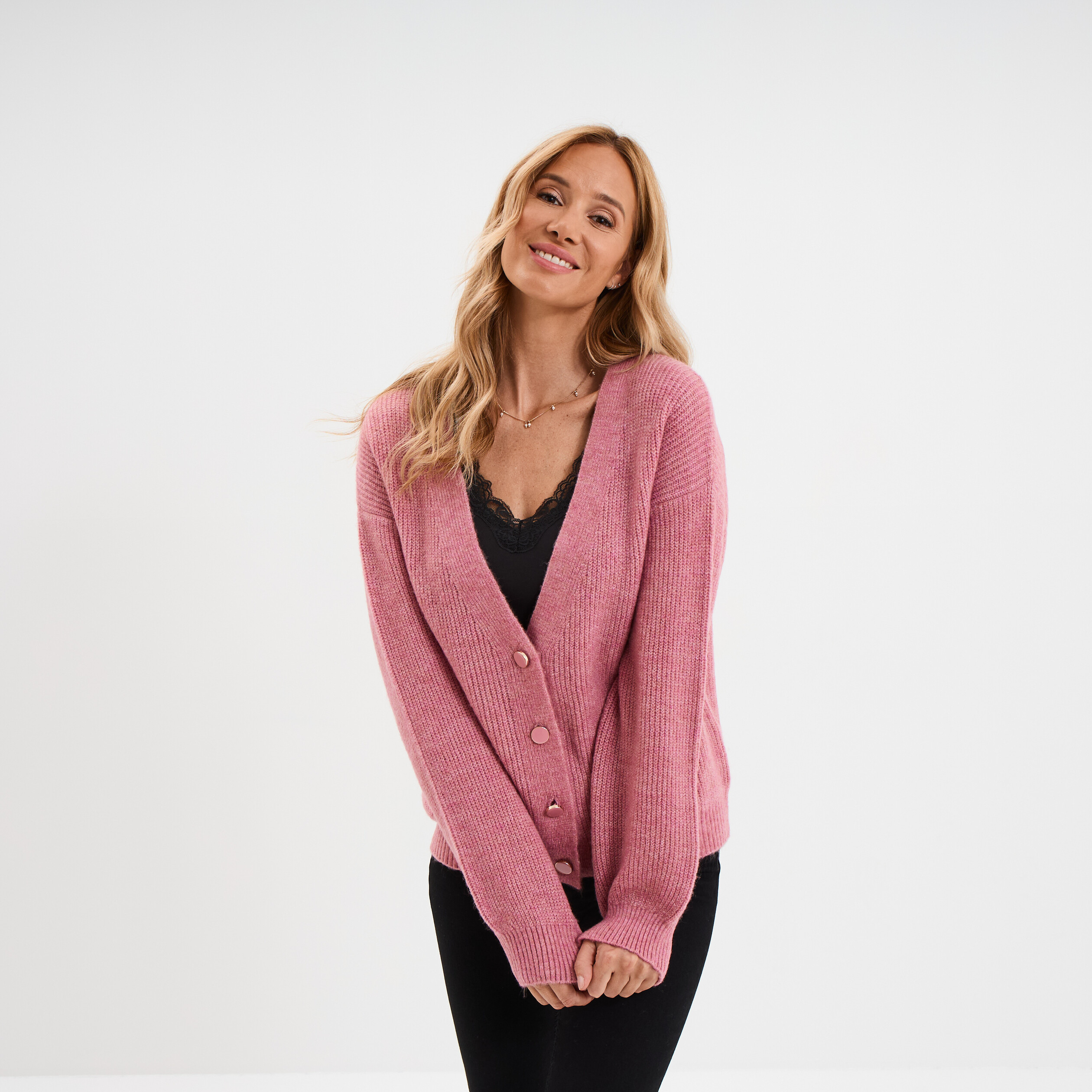 Gilet boutonn&eacute; col en V vieux rose femme