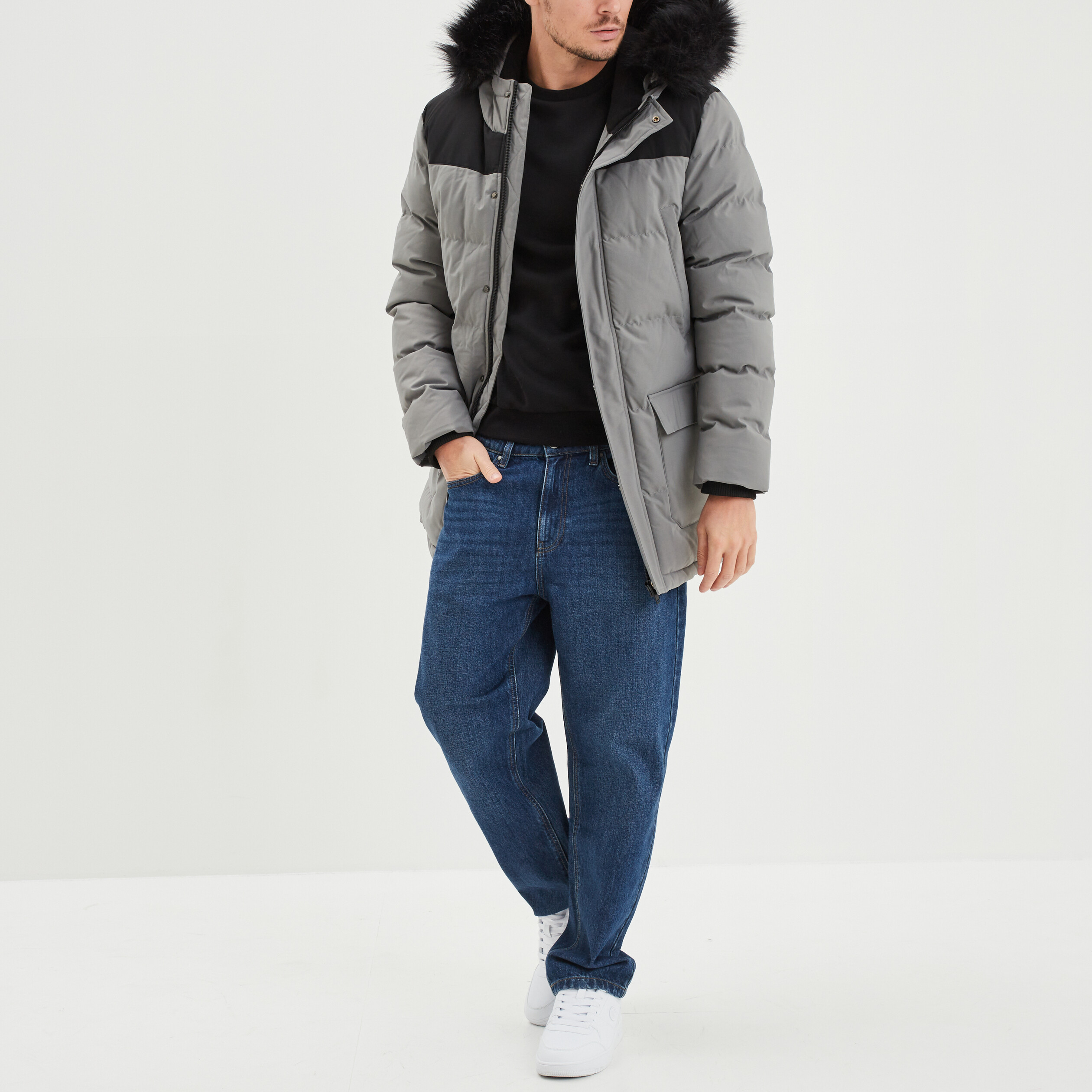 Doudoune grise homme best sale fourrure