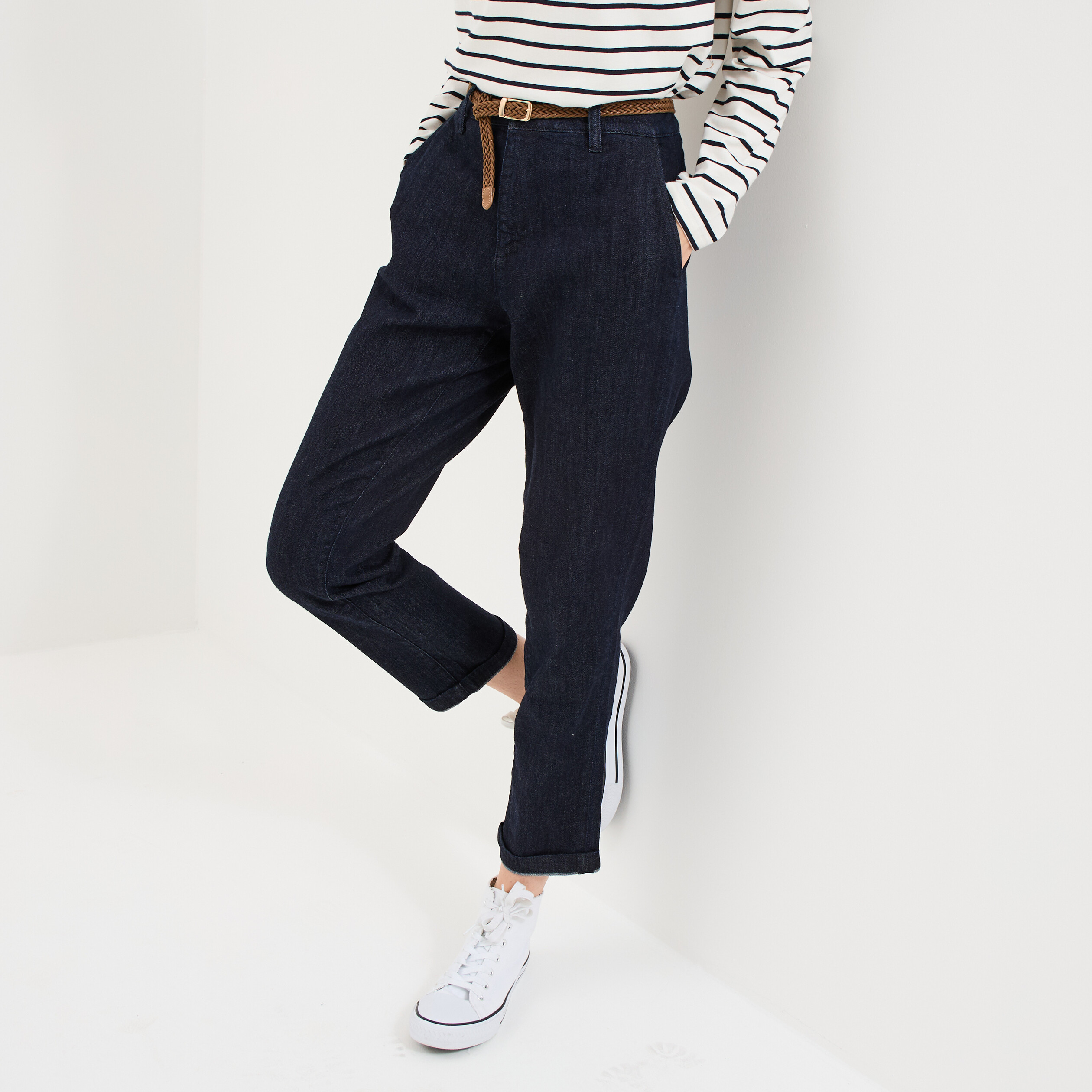 Jean chino droit avec ceinture denim brut femme