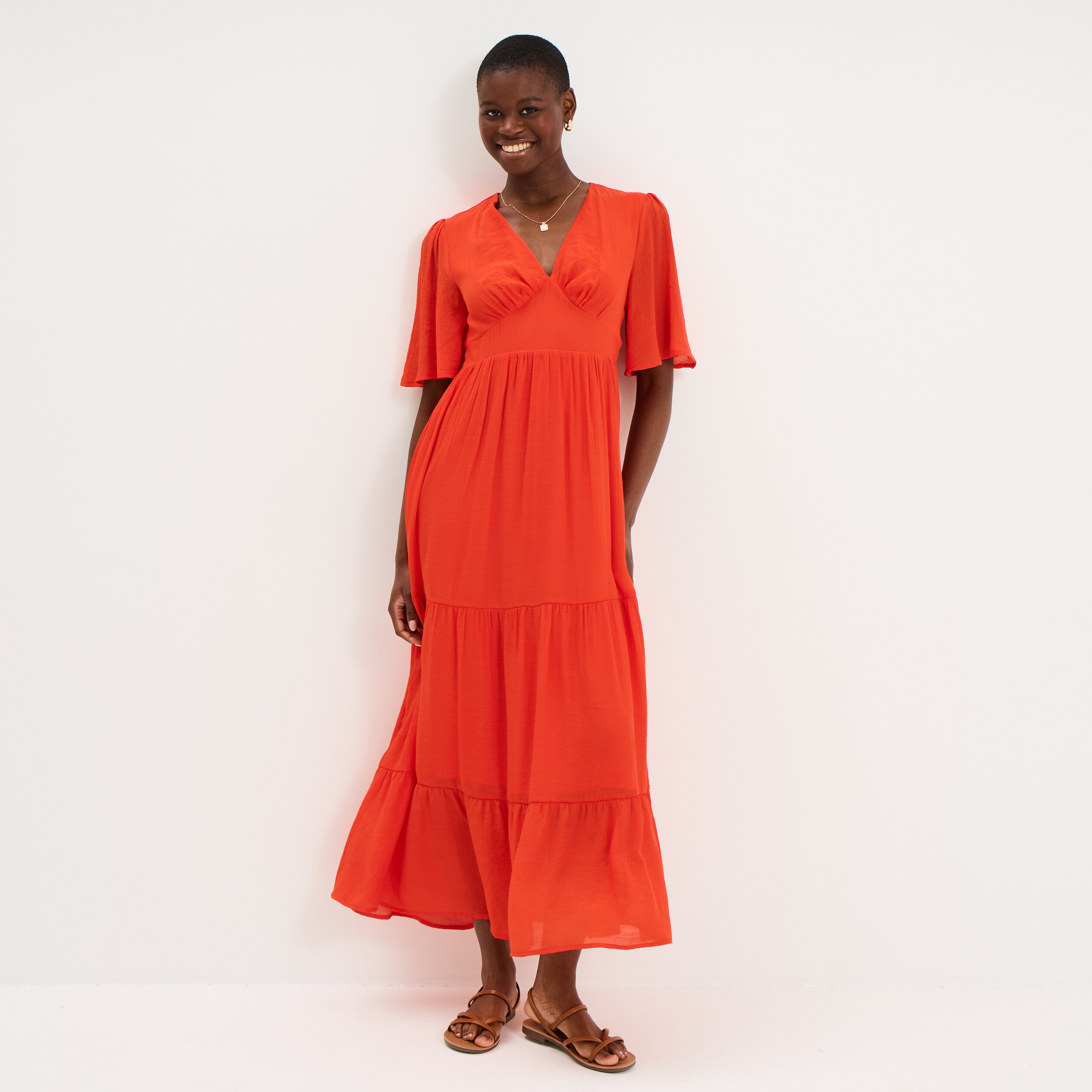 Robe longue fluide &agrave; volants orange fonc&eacute; femme