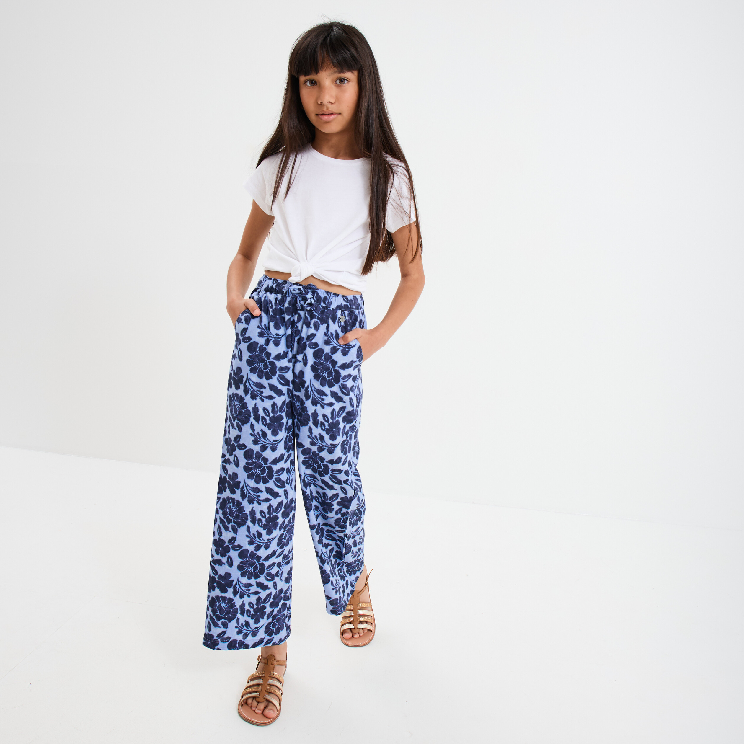 Pantalon fluide large taille &eacute;lastiqu&eacute;e bleu fille