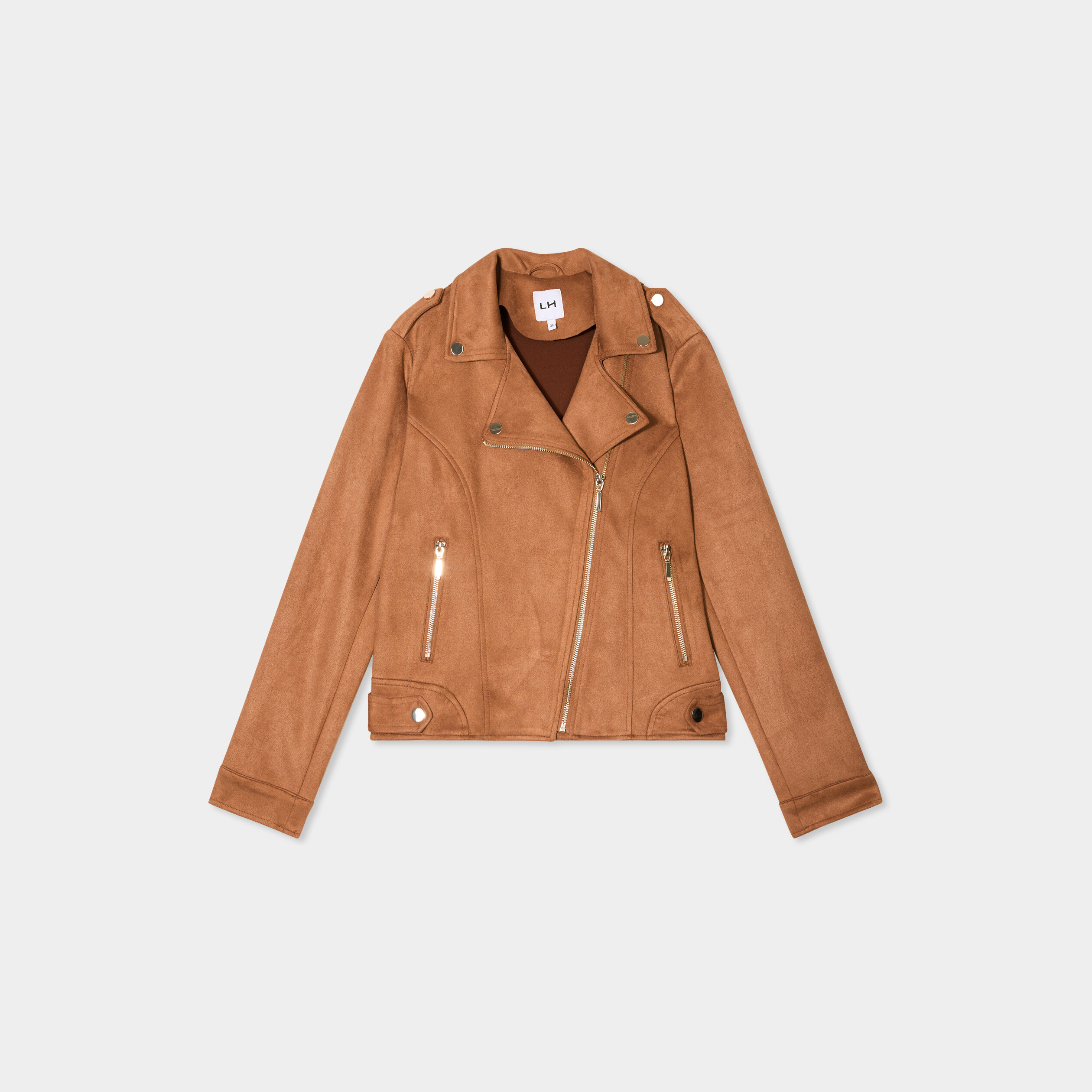 veste courte esprit biker effet suedine marron clair femme Veste courte esprit biker effet suédine marron clair femme