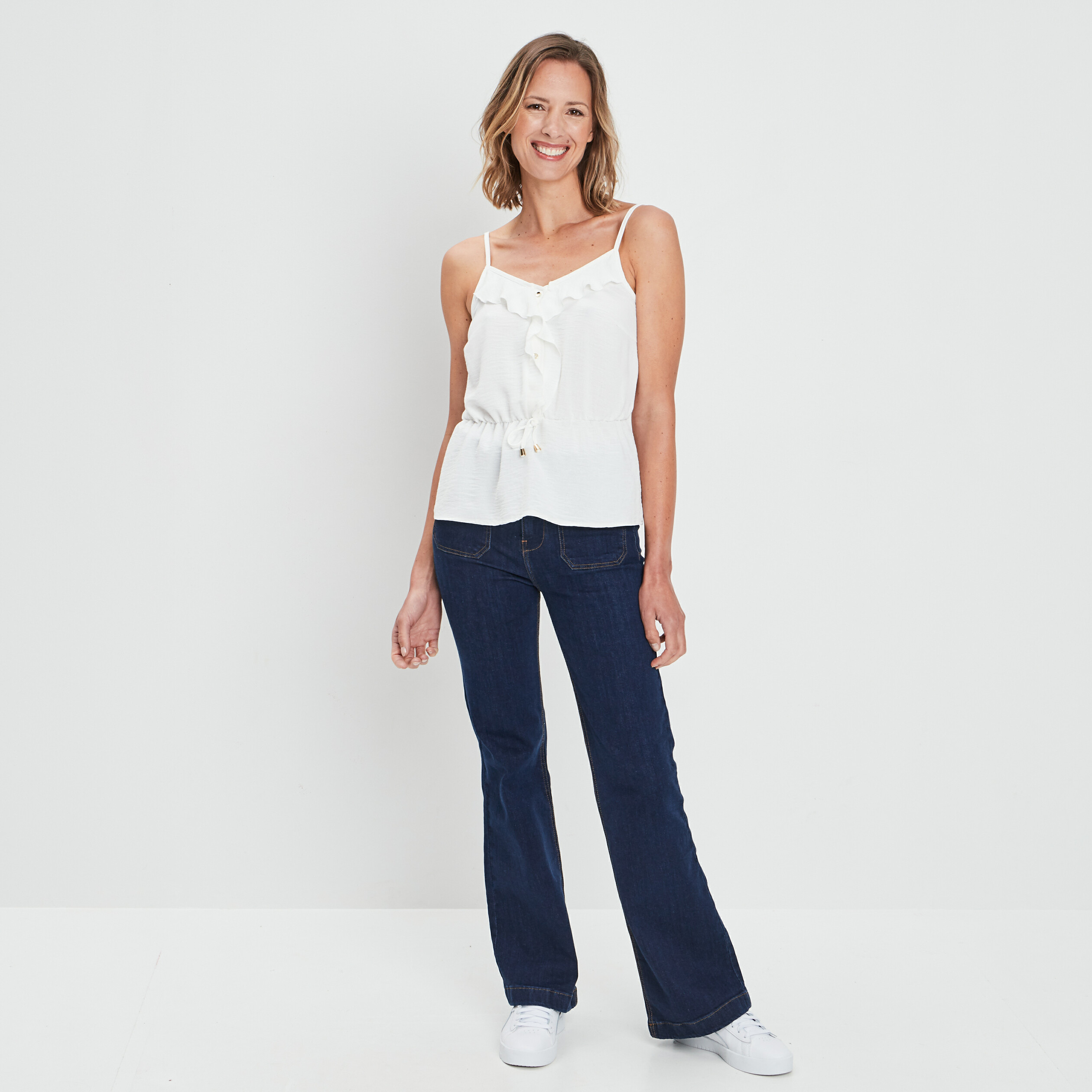 Blouse volantée bretelles fines ivoire femme