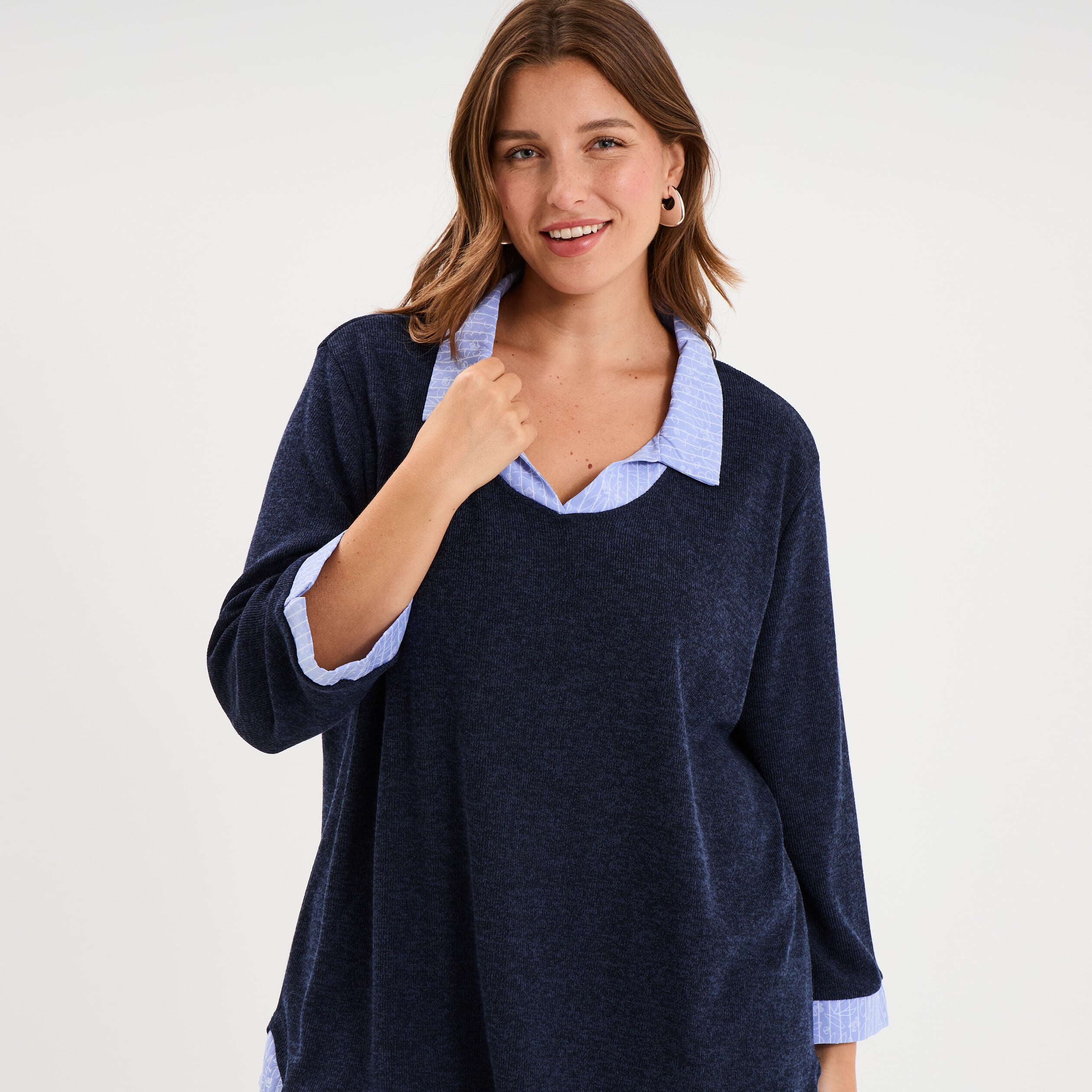 Pull effet 2-en-1 avec manches 3/4 bleu marine femme grande taille