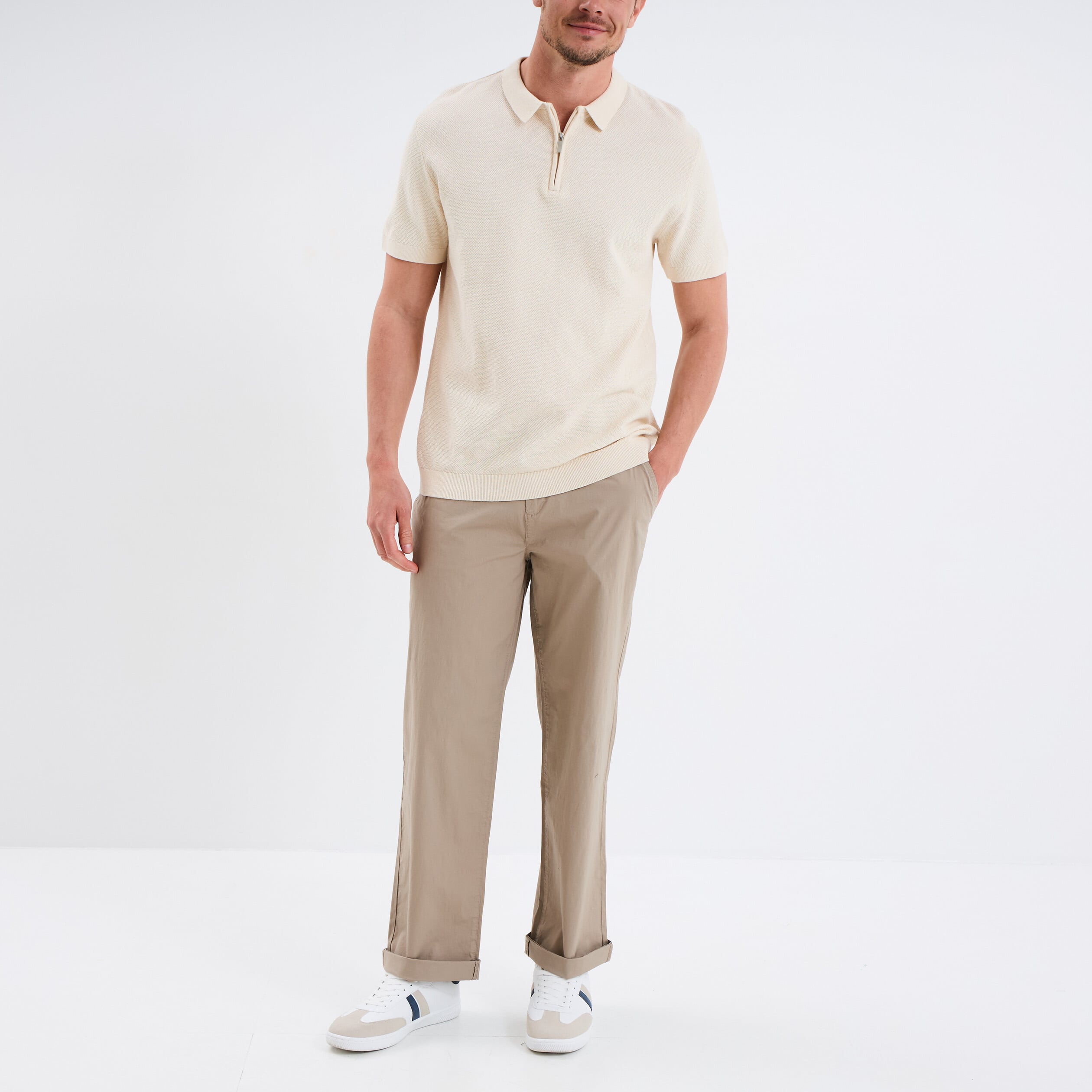 Polo col zipp&eacute; manches courtes coton ecru homme
